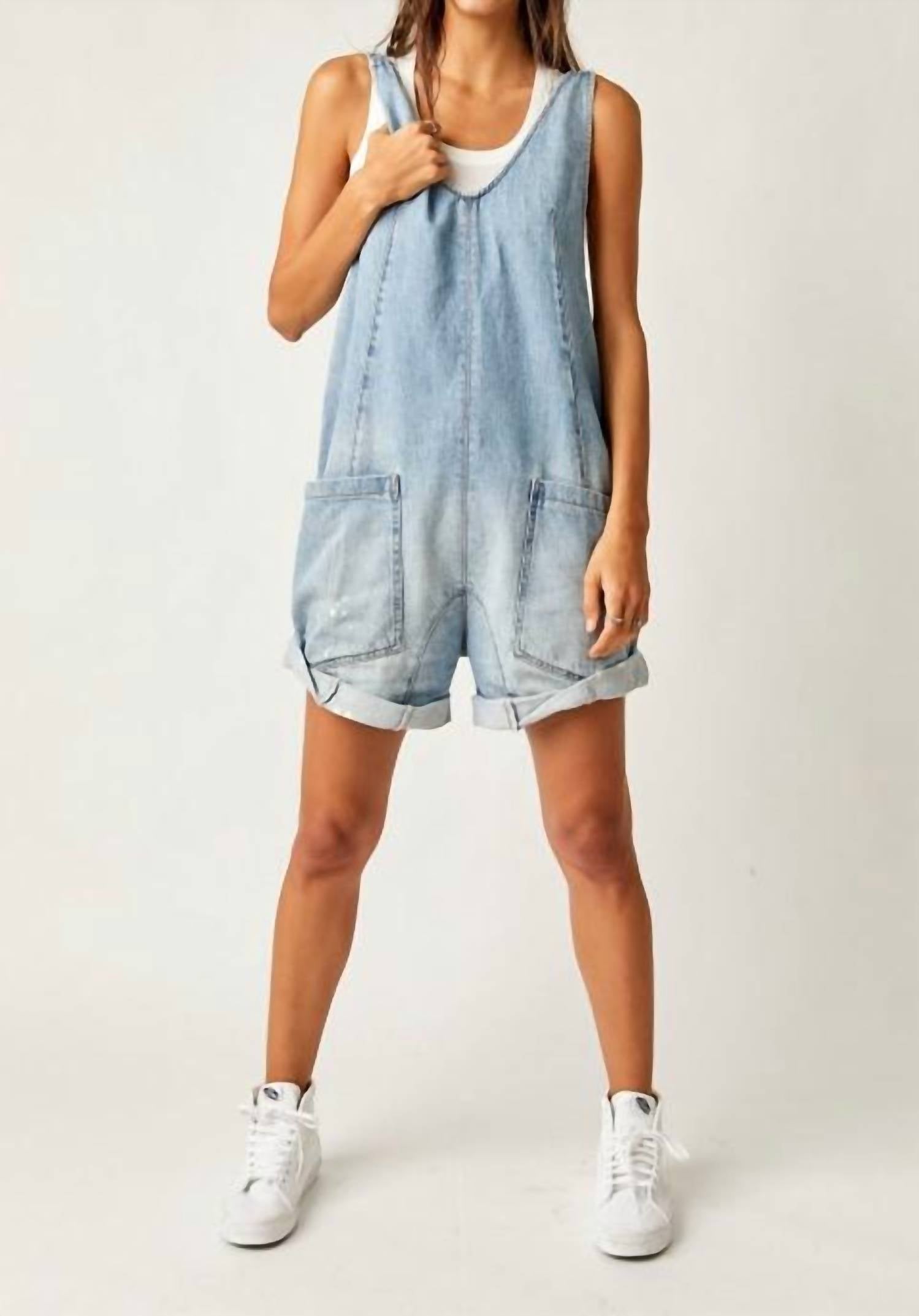 FREE PEOPLE HIGH ROLLER SHORTALL IN BLUE