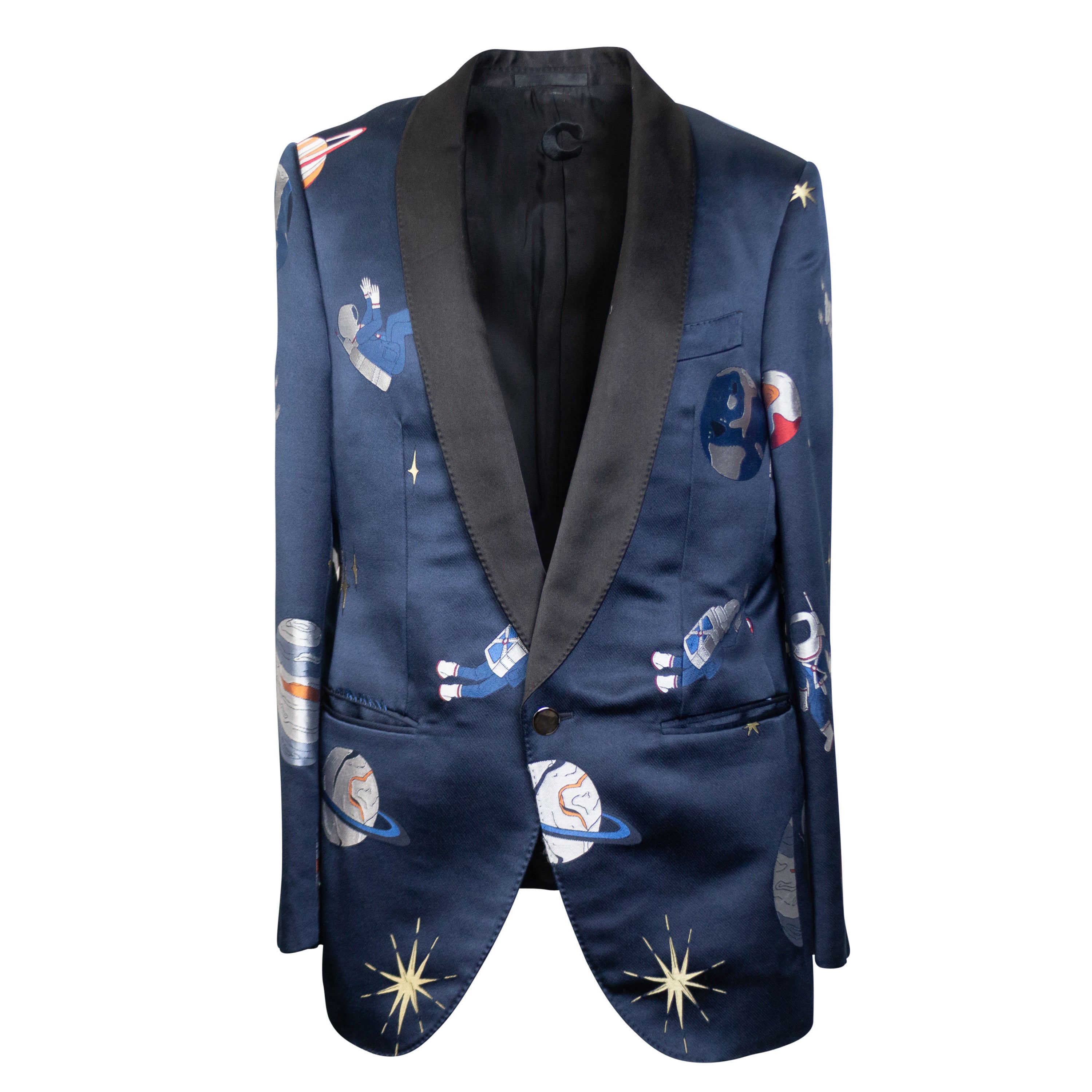 Caruso Silk Space Print Single Breasted Blazer - Navy In Blue
