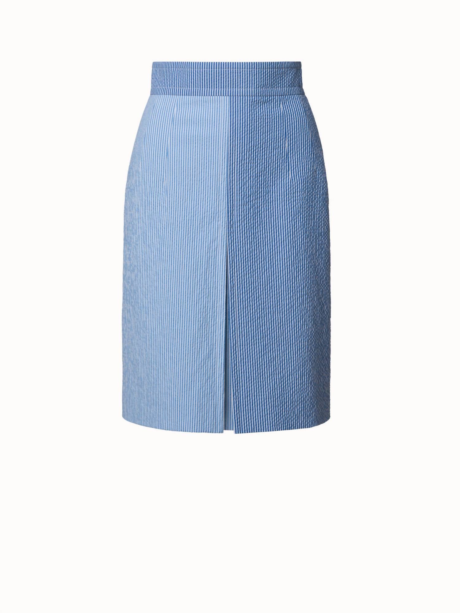 Shop Akris Punto Seersucker Colorblock A-line Skirt In Medium Denim/cream/multi In Blue