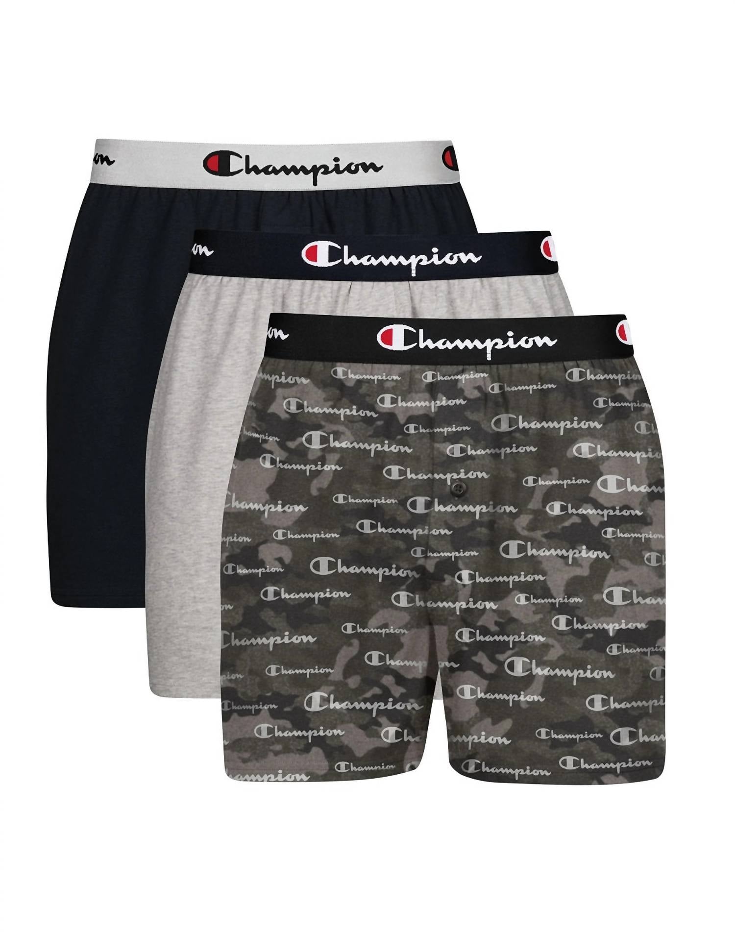 Champion Men's 3-pack Cotton Stretch Boxers In Camo Grey/black/oxford Grey In Multi