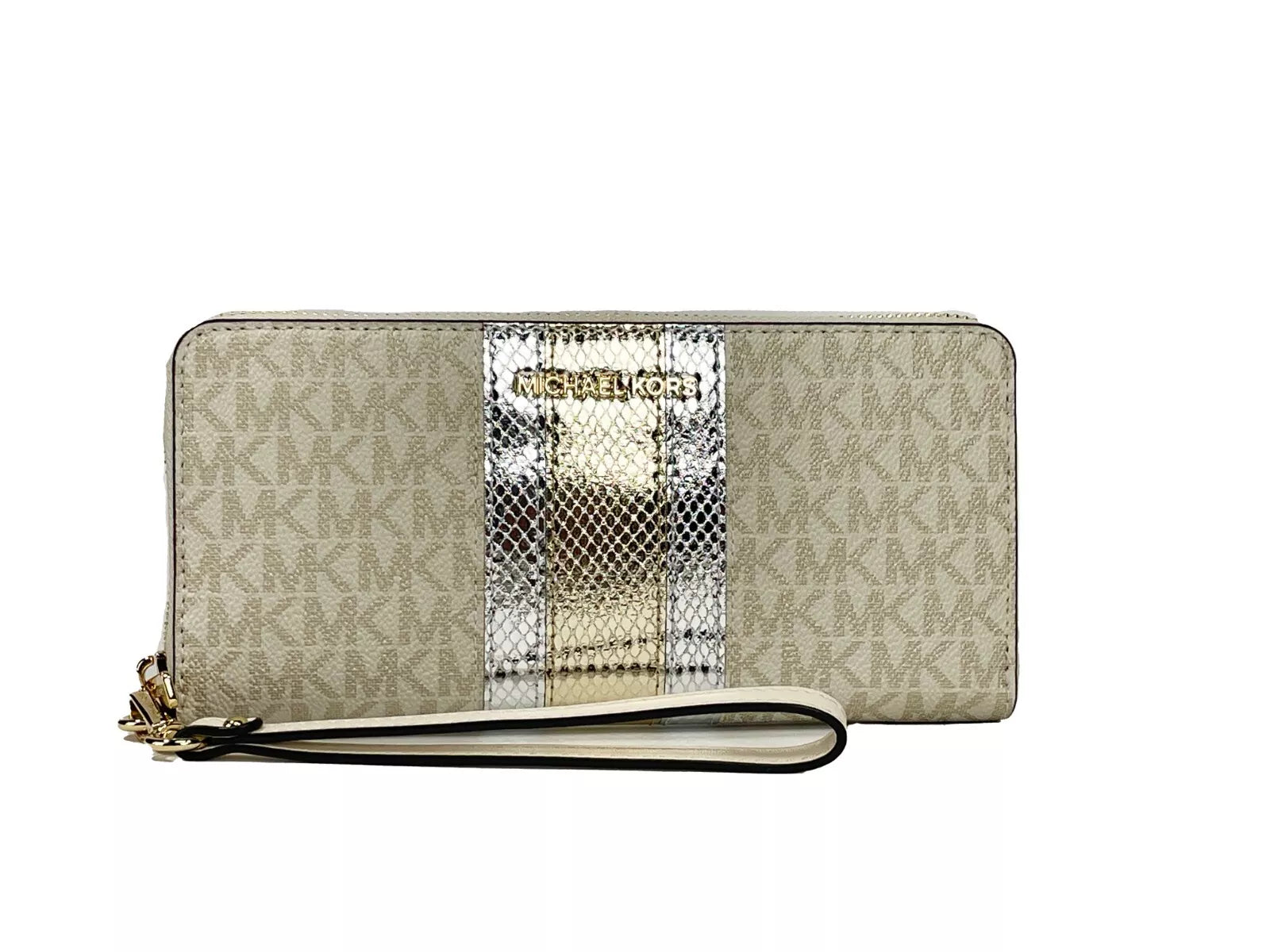 Michael Kors Jet Set Travel Center Stripe Signature Continental Wallet ivory Pale Women's gold
