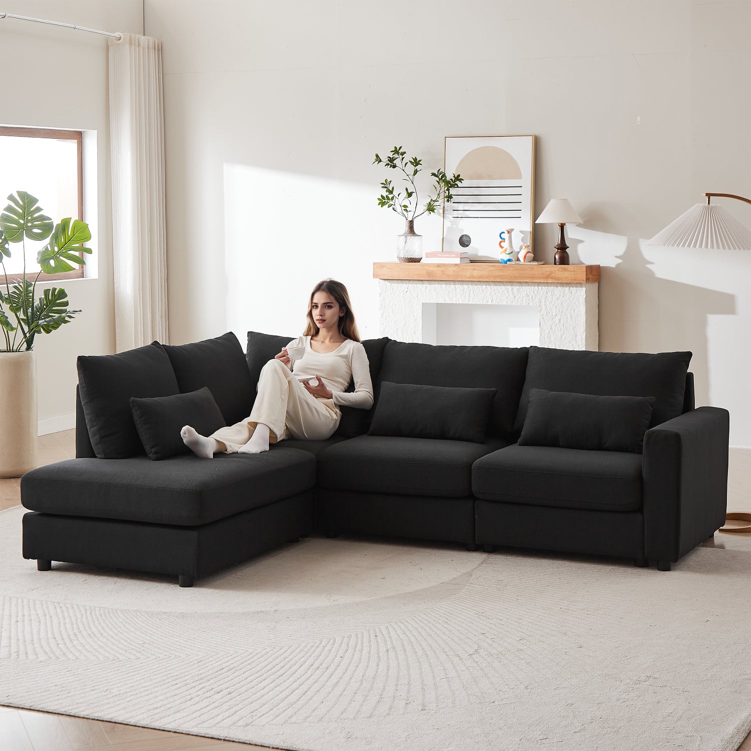 Streamdale Furniture Streamdale 100" Convertible L-shaped Linen Sofa With Ottoman & Cushions - Black