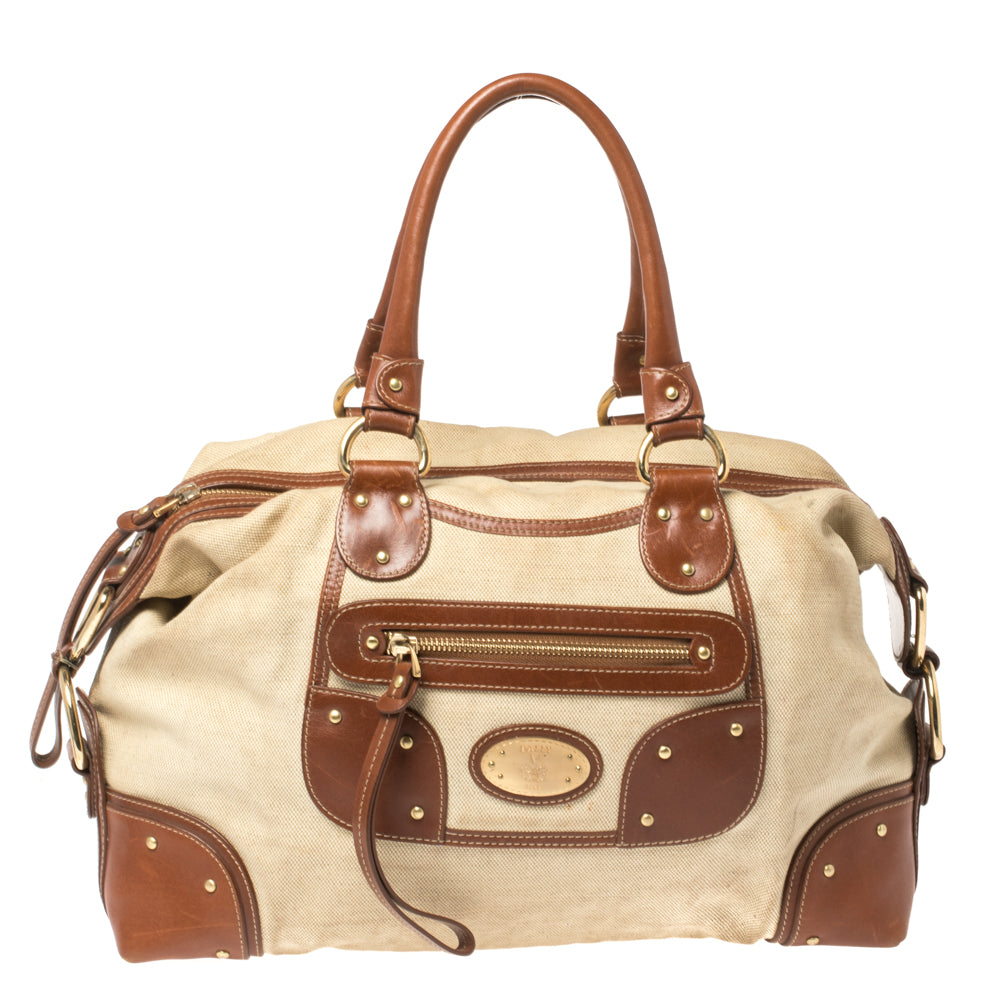 Shop Bally /brown Canvas And Leather Zip Pocket Satchel In Beige