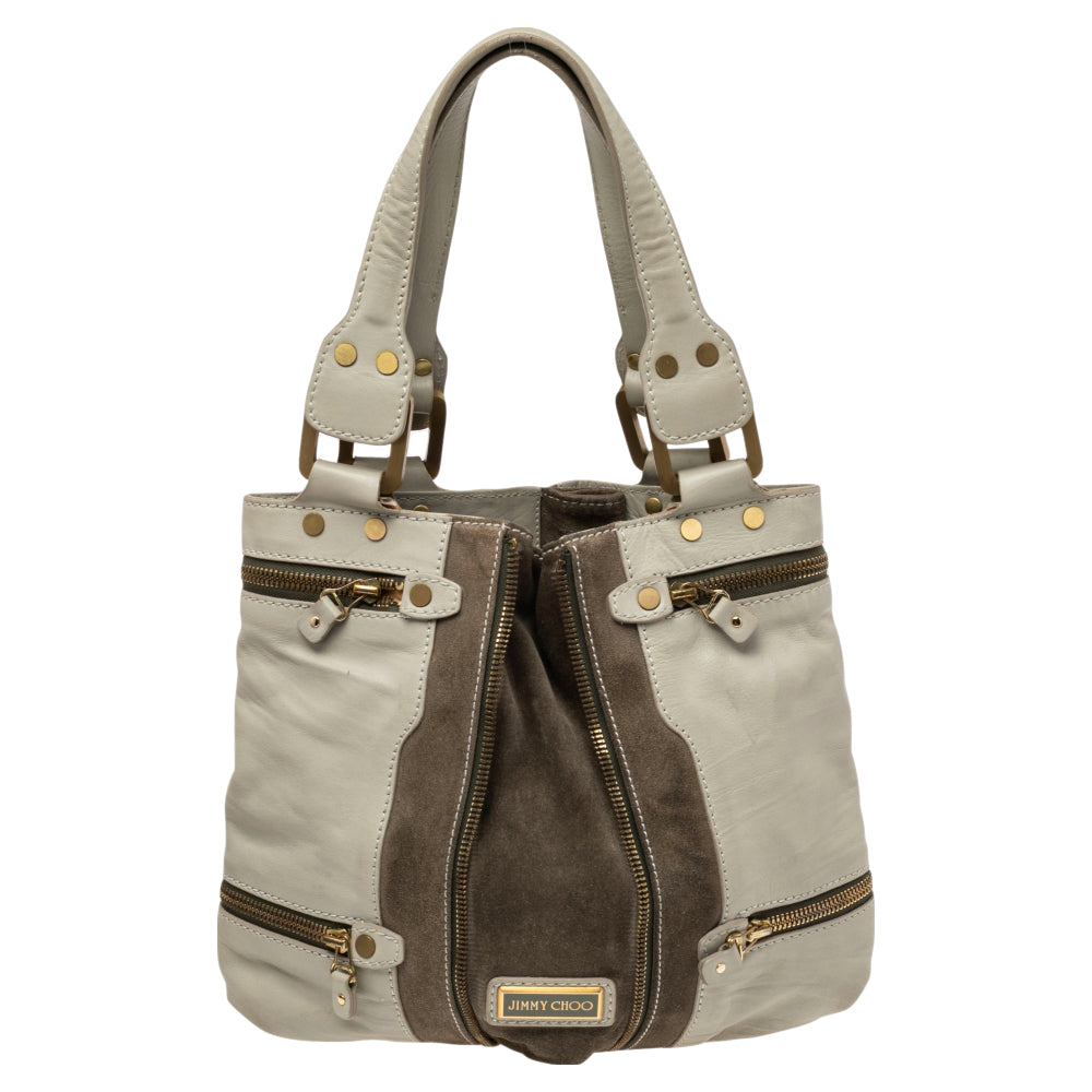 Shop Jimmy Choo Khaki Leather And Suede Mona Tote In Beige