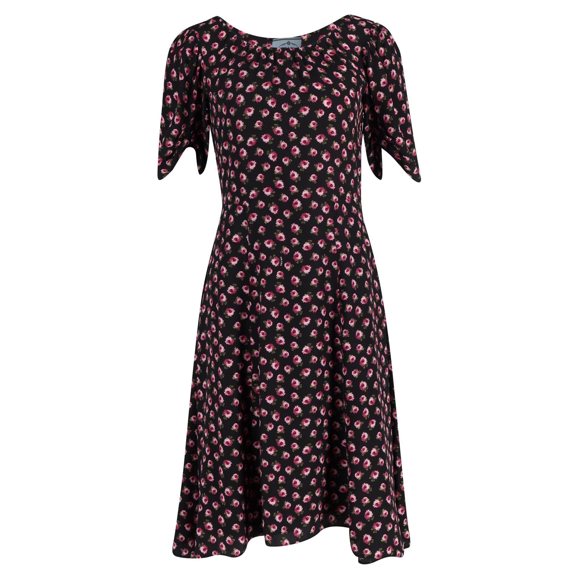 image of Prada Floral Print Midi Dress in Black Silk