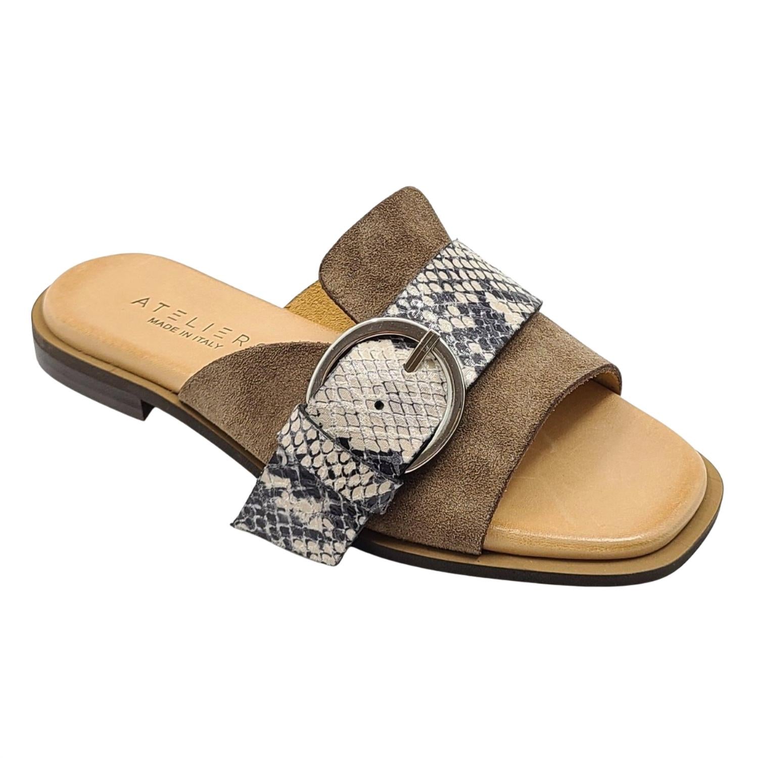 Ateliers Snake Print Buckle Slides In Taupe In Brown