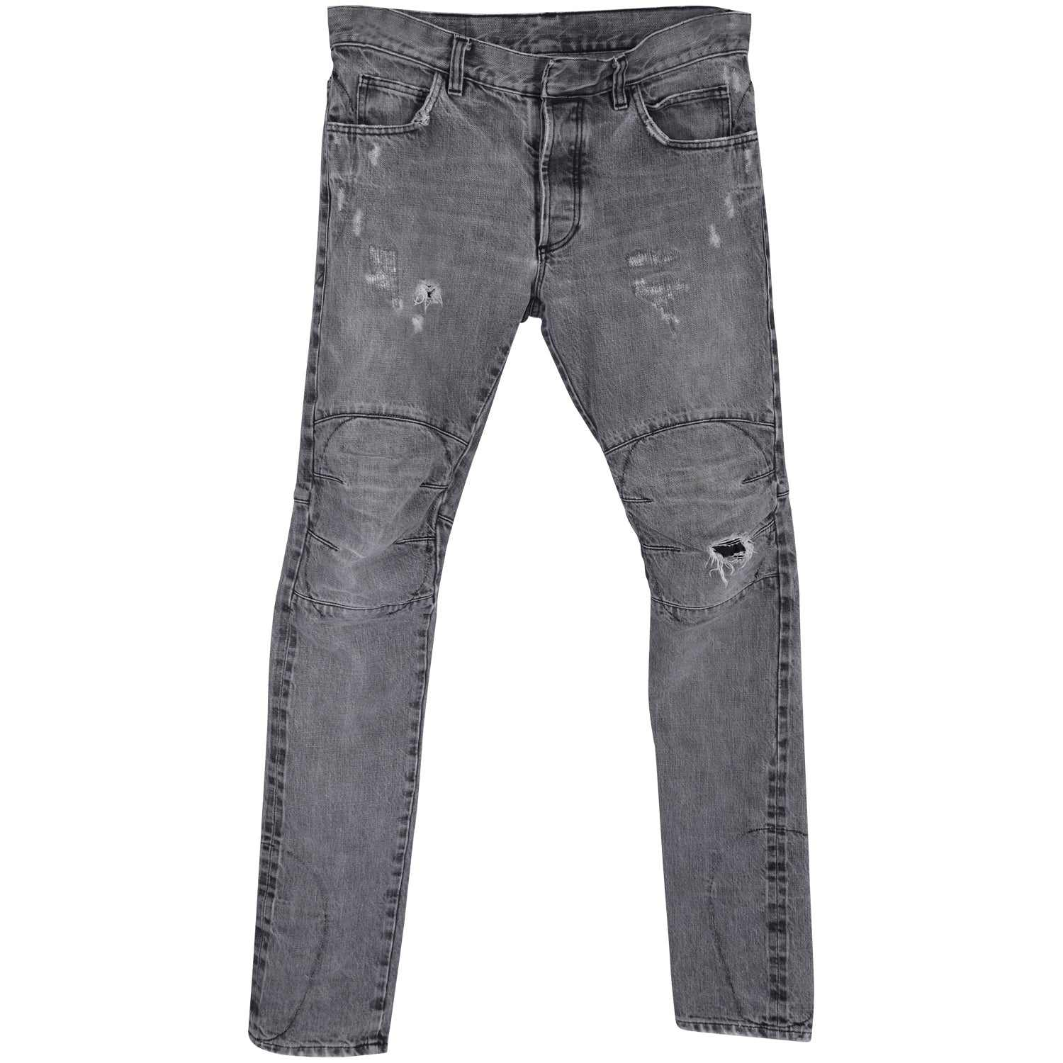 image of Balmain Distressed Biker Jeans in Grey Cotton Denim