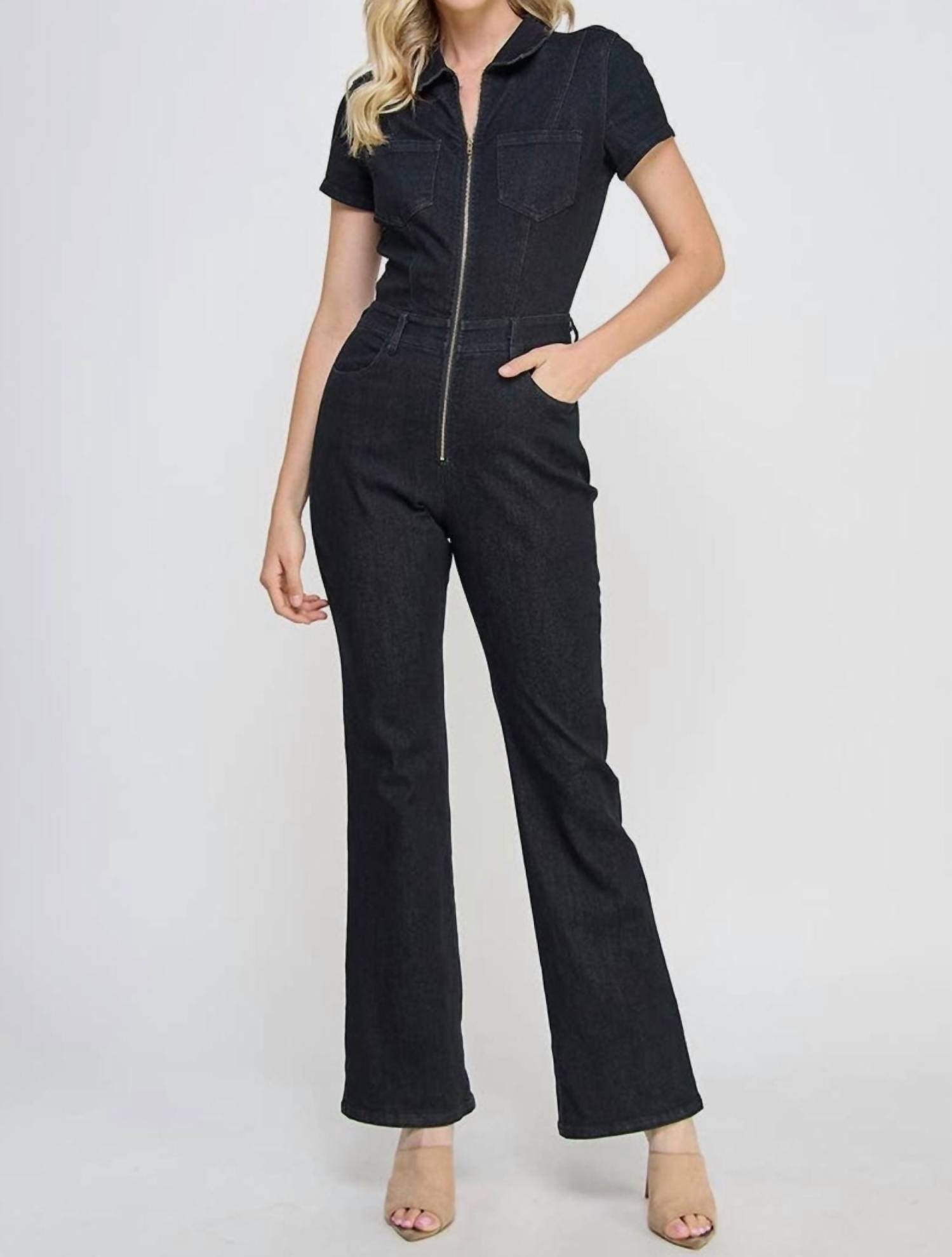 The Vintage Shop Gilliana Denim Jumpsuit In Black In Burgundy