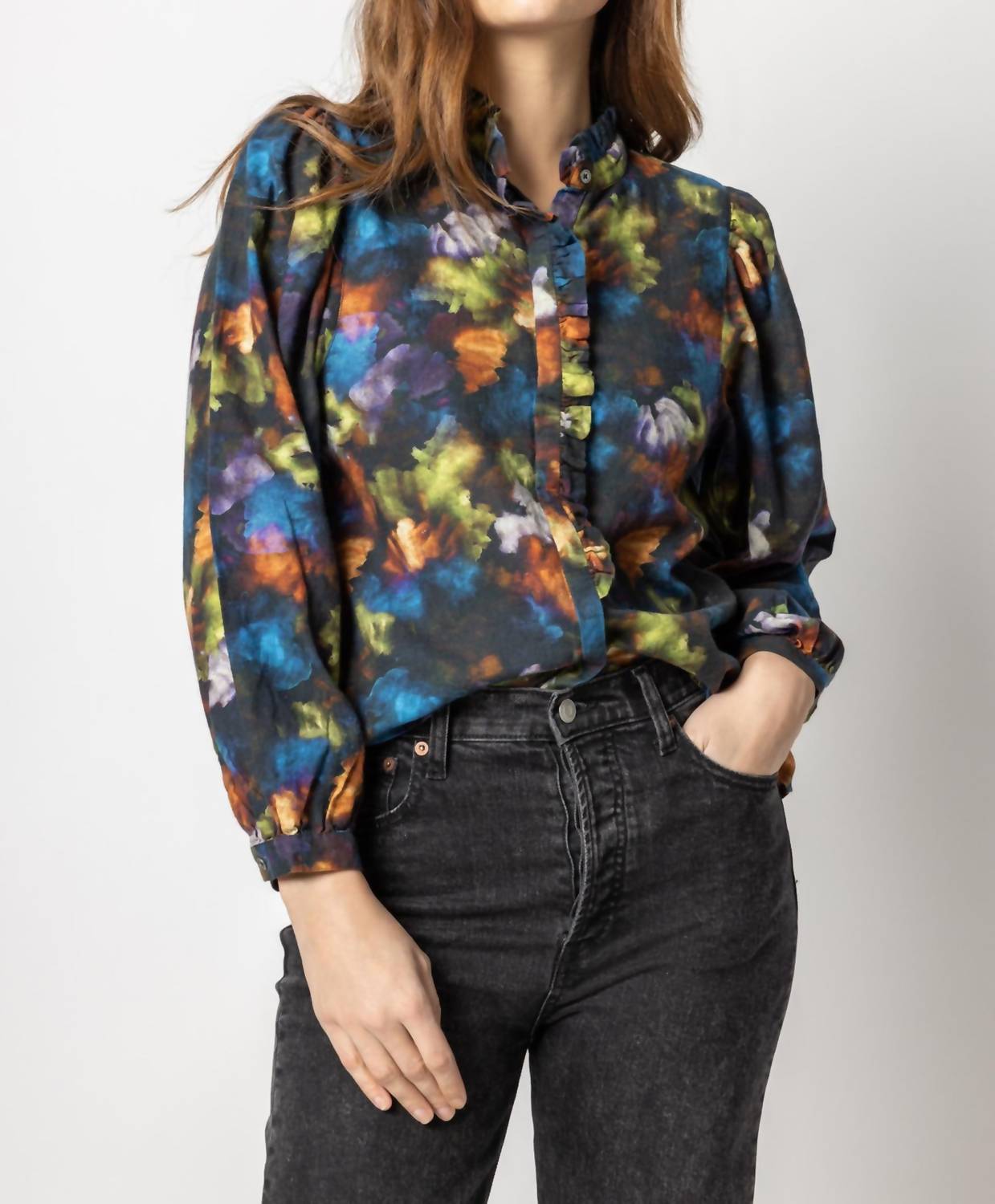 Shop Lilla P Printed Full Sleeve Ruffle Front Top In Winter Floral In Multi