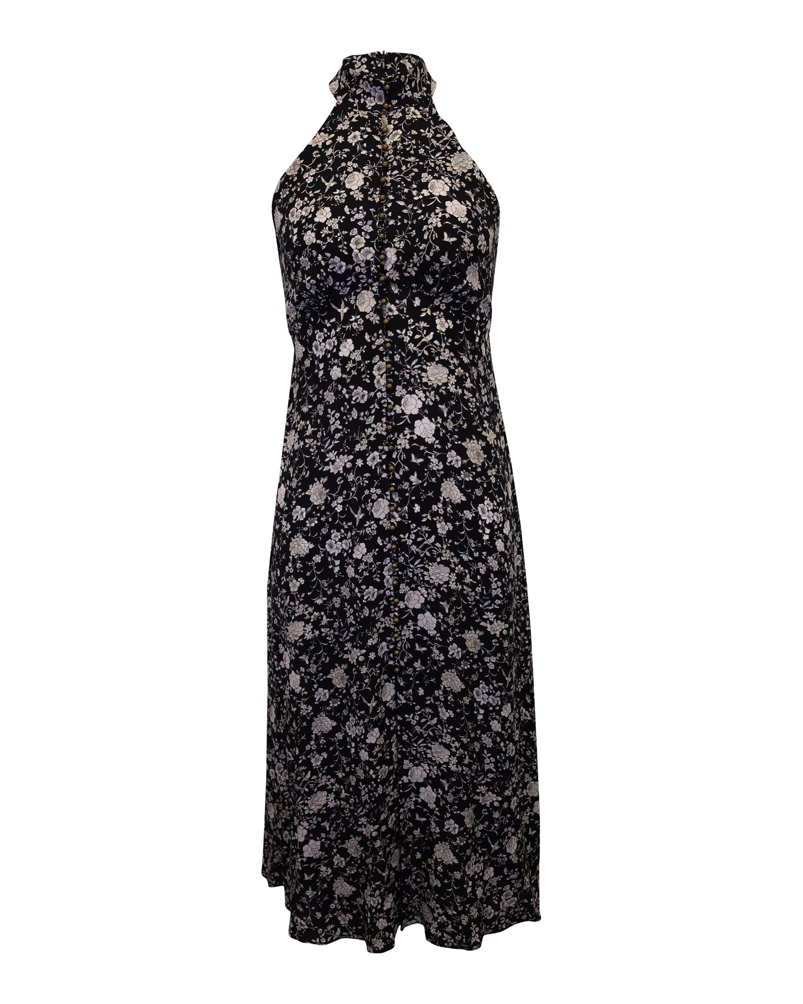 Image of Zimmermann Floral-Print Halter-Neck Midi Dress in Black Silk