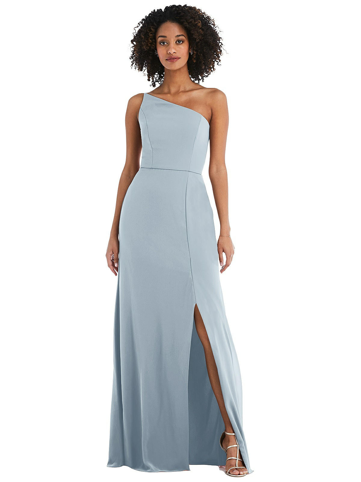 Shop After Six Skinny One-shoulder Trumpet Gown With Front Slit In Grey