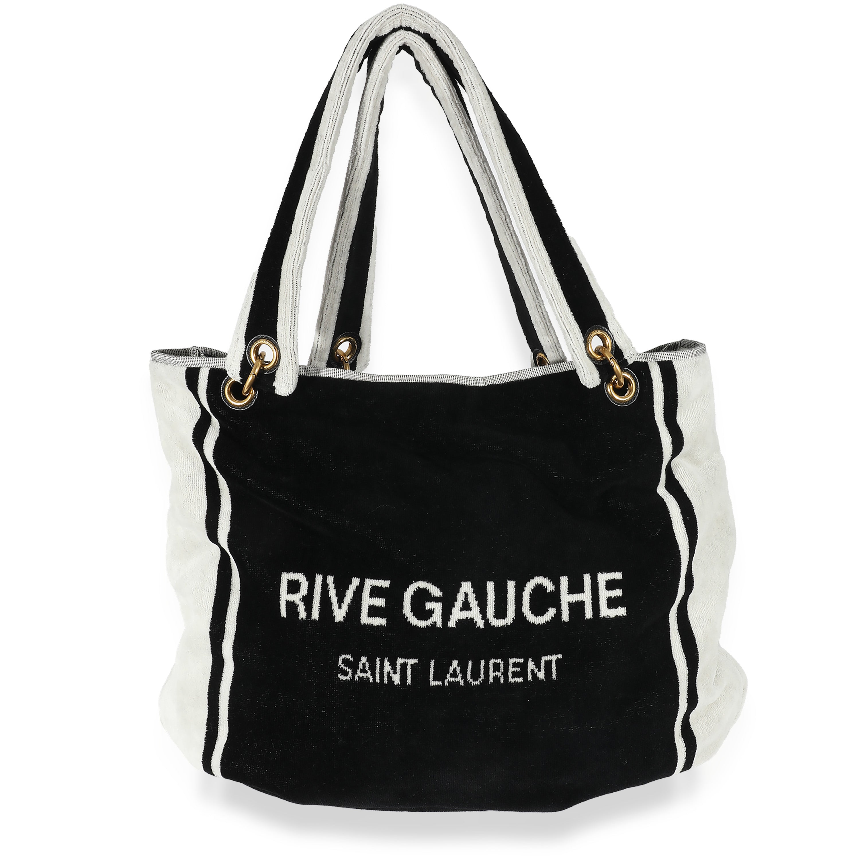 Image of Saint Laurent Rive Gauche Black White Terry Cloth Beach Towel Tote