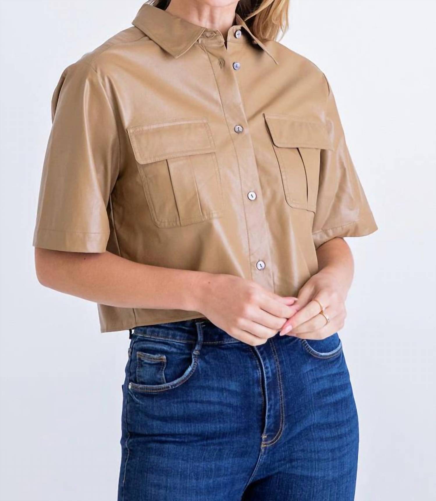 Shop Karlie Pleather Camp Shirt In Truffle In Brown