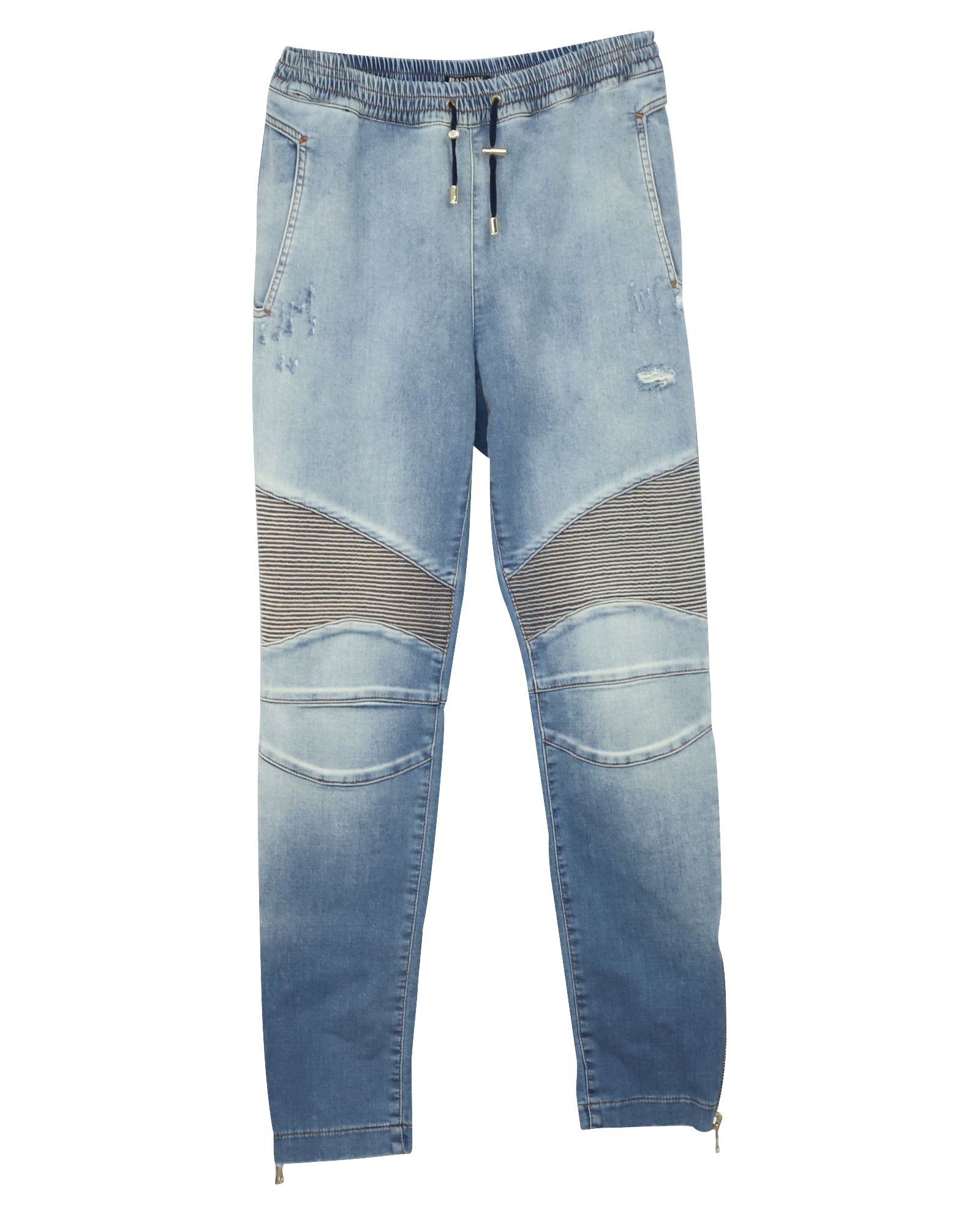 Image of Balmain Stonewashed Biker Jeans in Light Blue Cotton