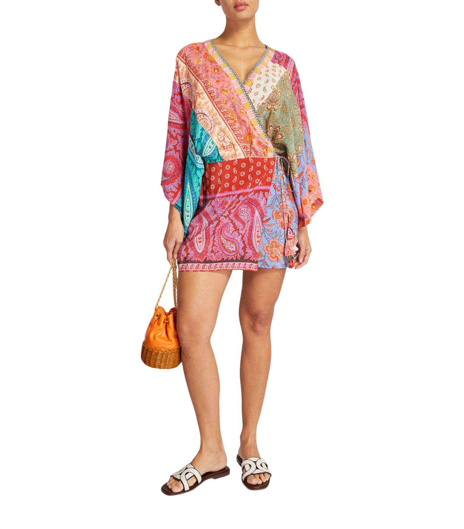 Boteh Kaleido Silk Robe Mini Dress In Ruby Patchwork In Multi