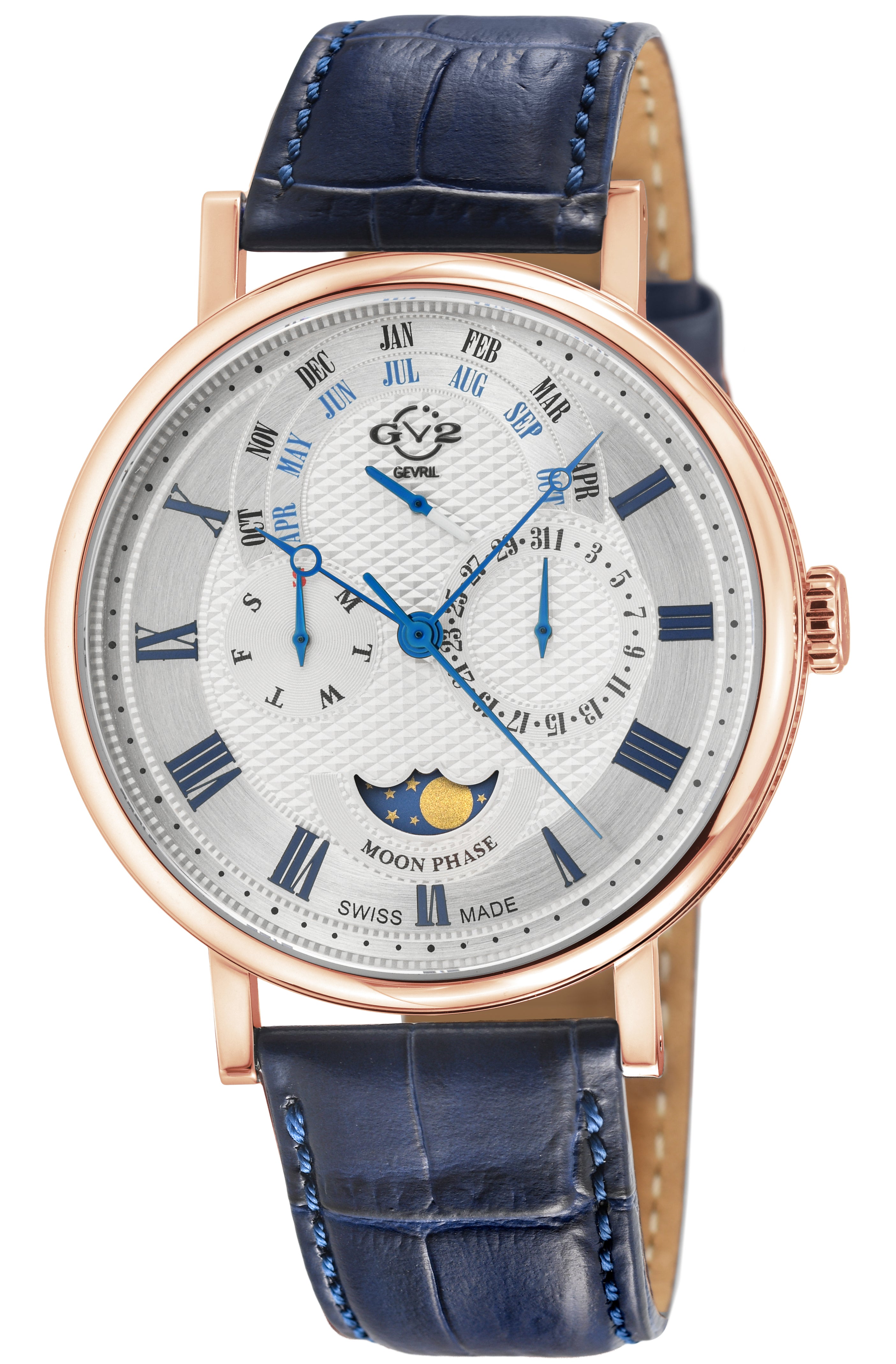 Gv2 Men's Maestro Iprg Case, White Textured Dial, Blue Handmade Italian Leather Strap.