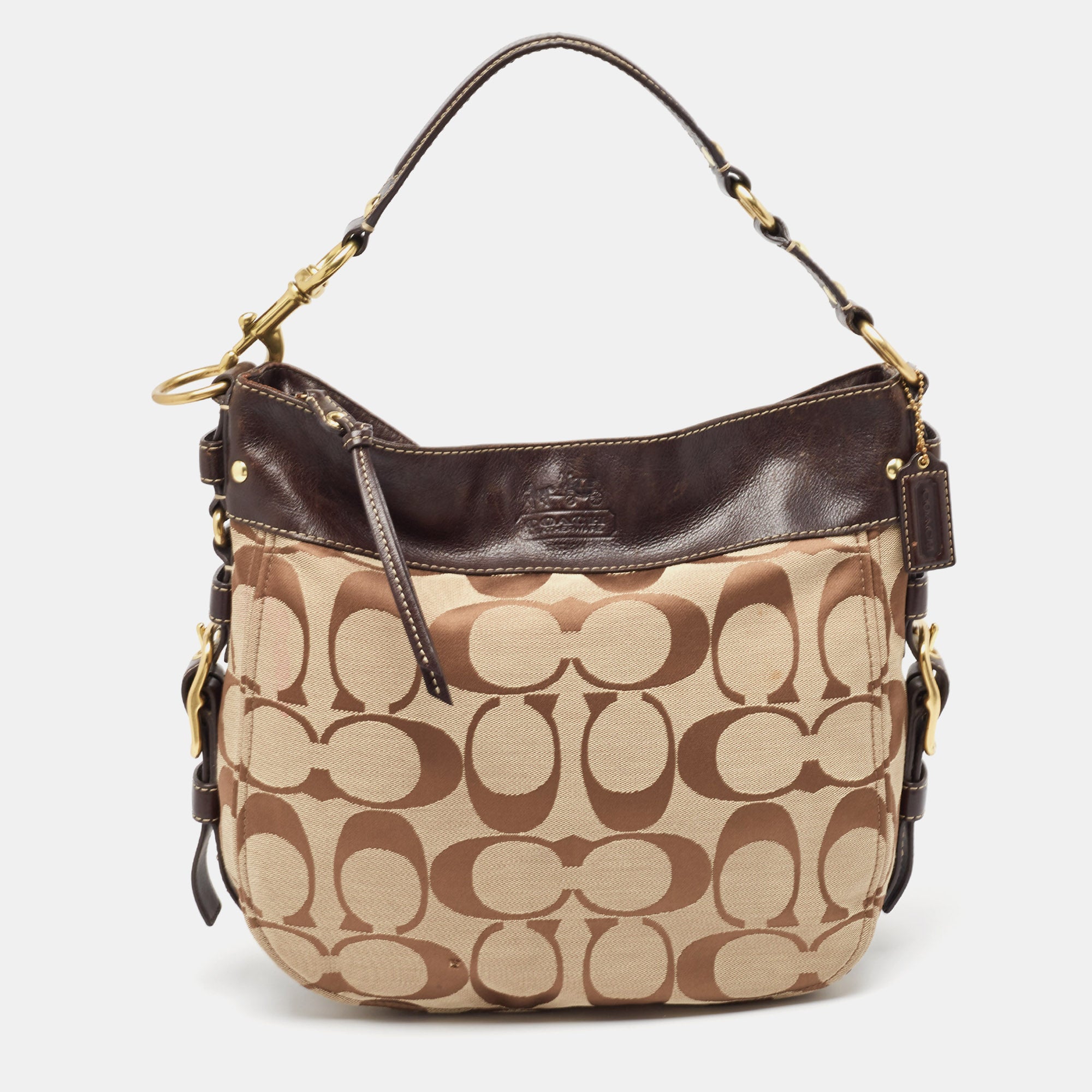 Coach /beige Signature Canvas And Leather Buckle Hobo In Brown