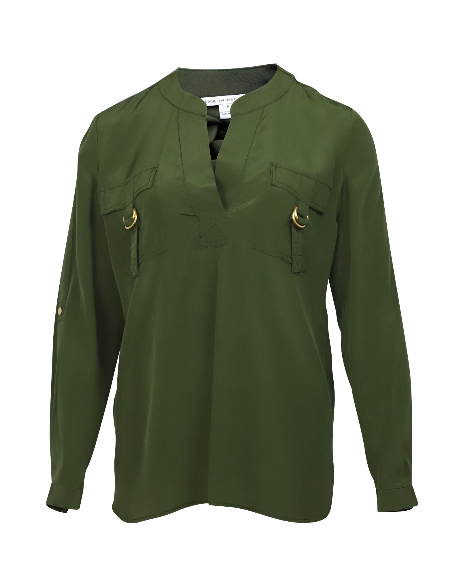 Image of Diane Von Furstenberg Two Pocket Tunic Blouse in Green Silk