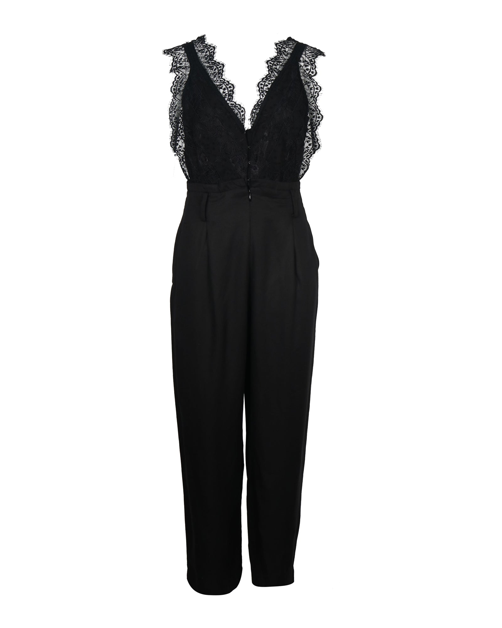 image of Sandro Floral Lace and Gabardine Jumpsuit in Black Lyocell