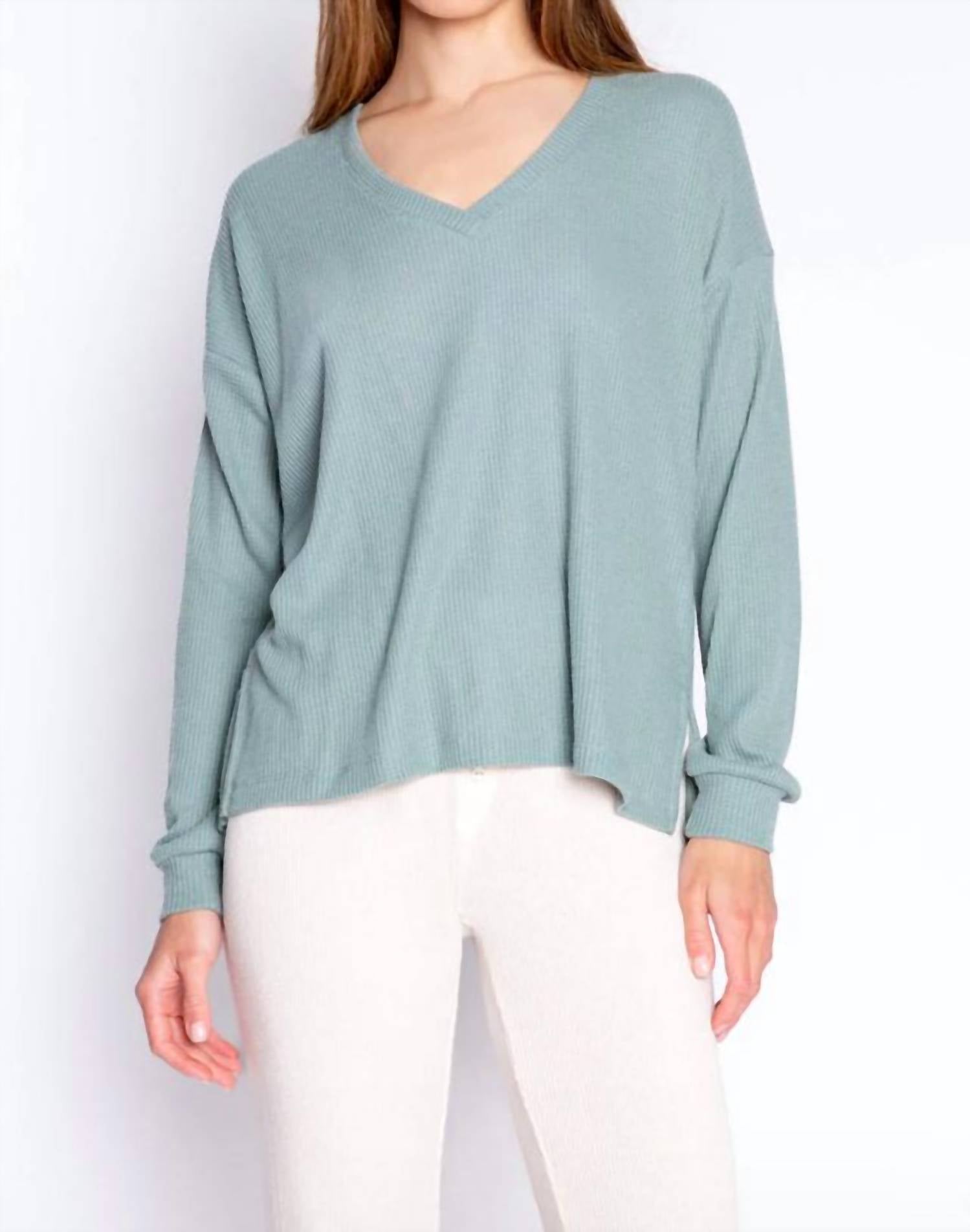 Shop Pj Salvage Long Sleeve Waffle Slouchy Top In Sage In Green