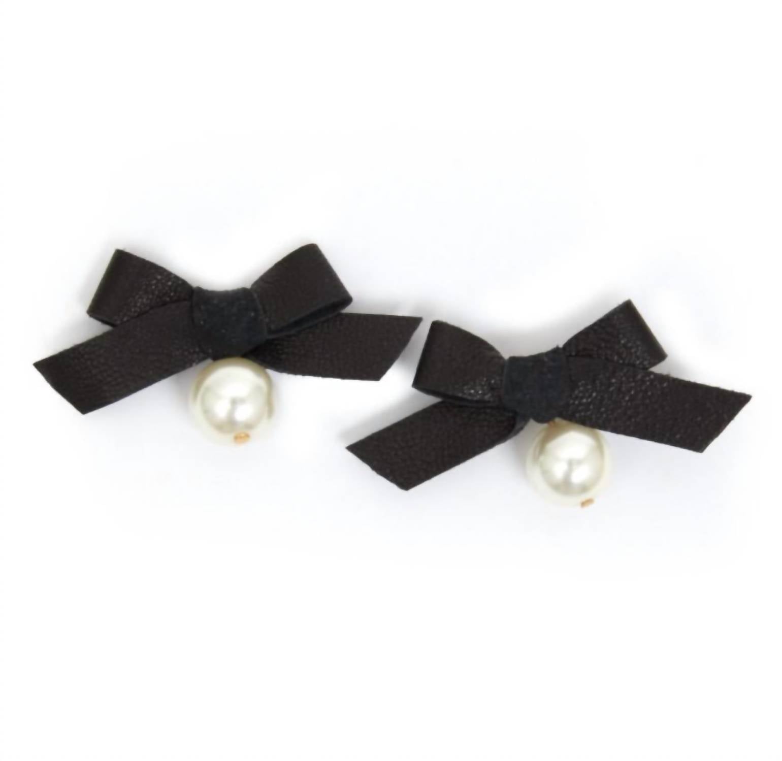 Clare V Leather Bow & Pearl Studs Earrings In Black And White