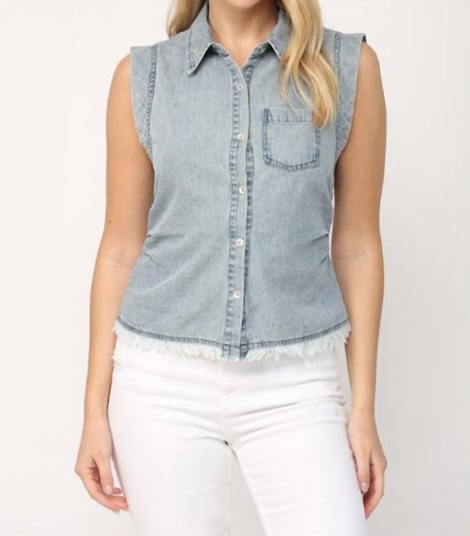 Shop Fate Chambray Frayed Top In Washed Blue