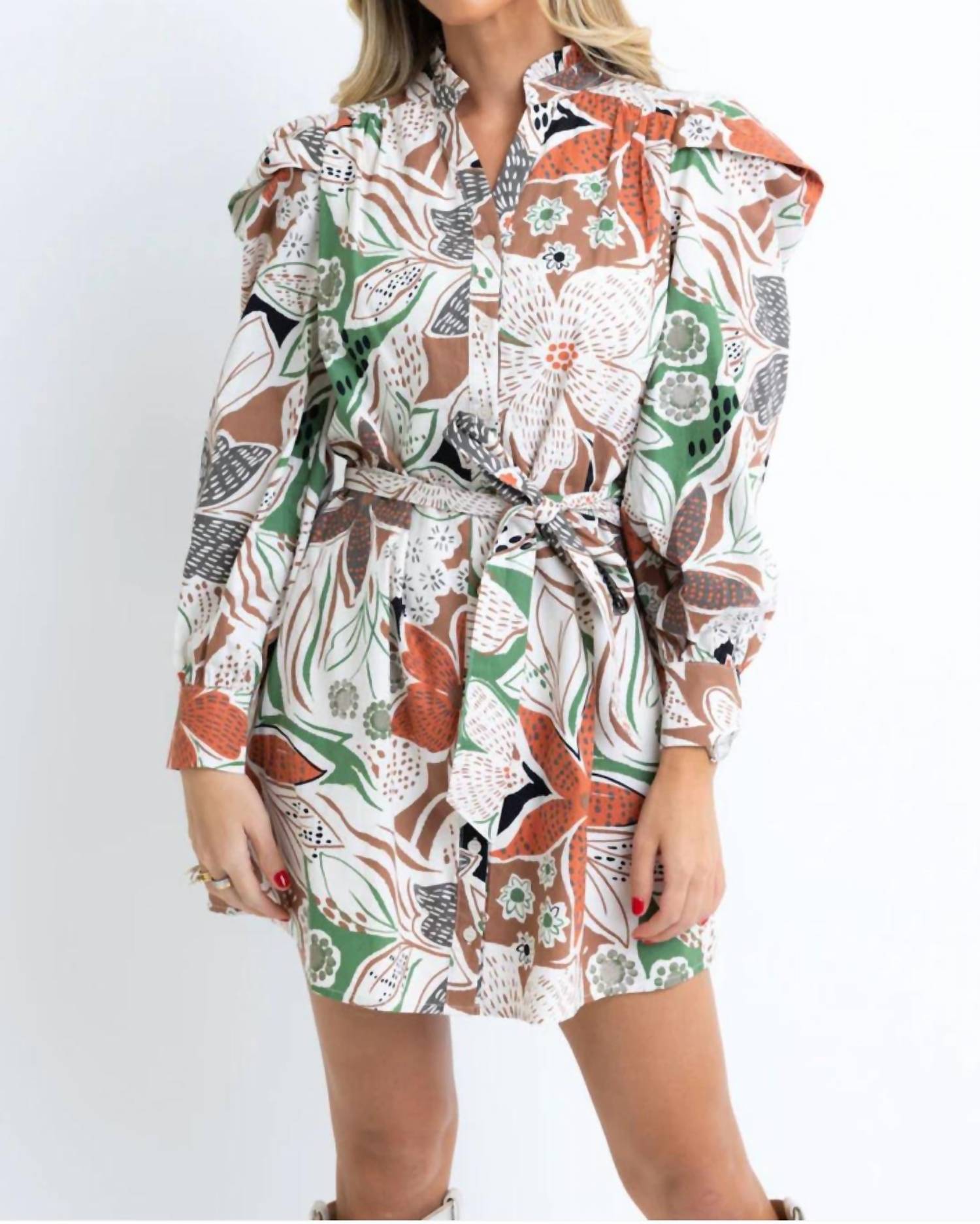 Karlie Floral Poplin Shirt Dress In Brown