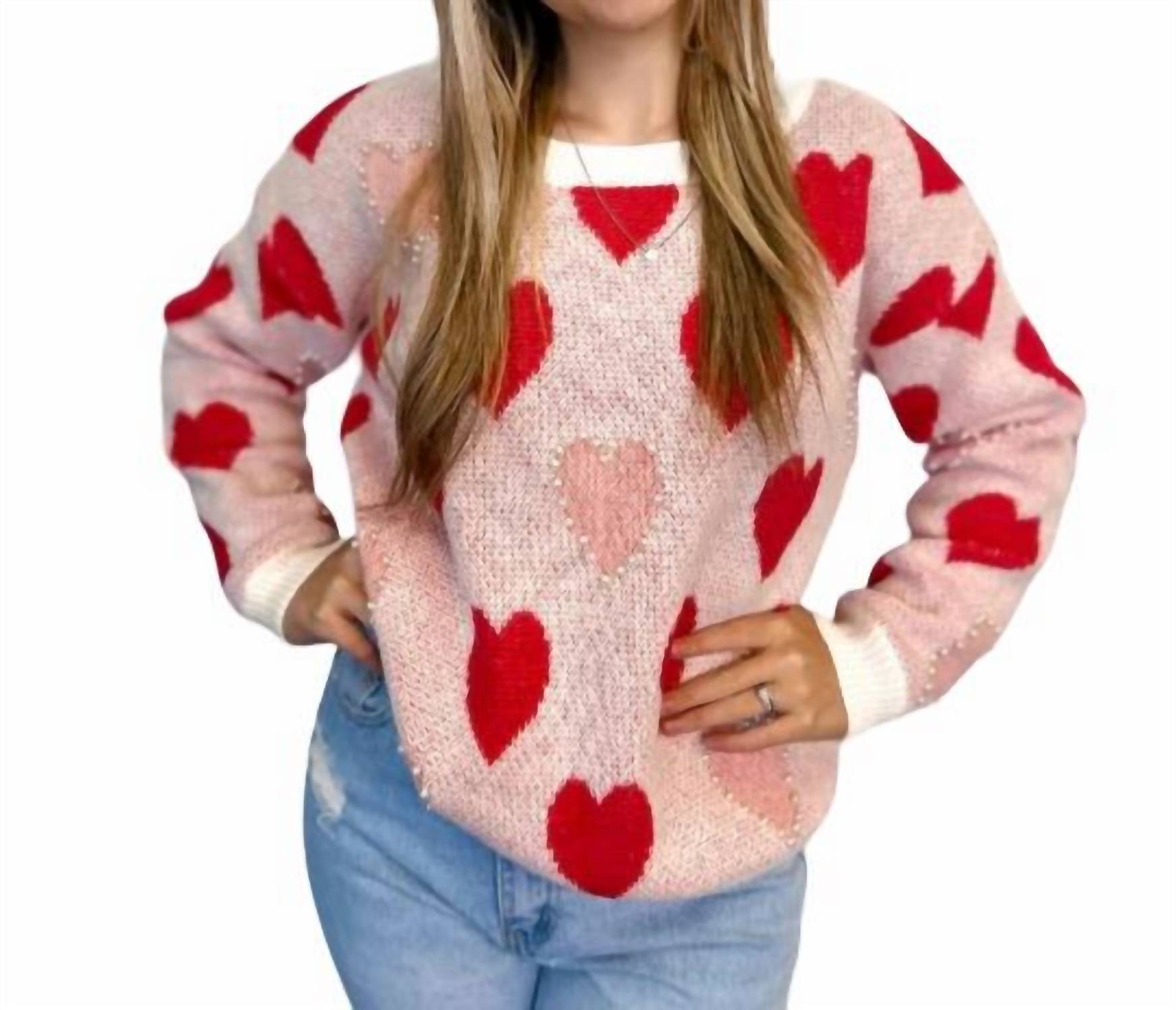 Jadyk Betty Heart Pearl Sweater In Pink