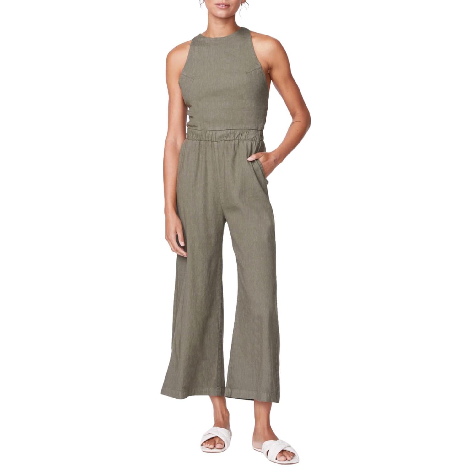 Monrow Linen Racer Jumpsuit In Army In Green