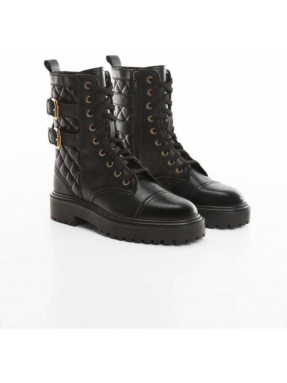 Shop Mng Womens Faux Leather Combat & Lace-up Boots In Black