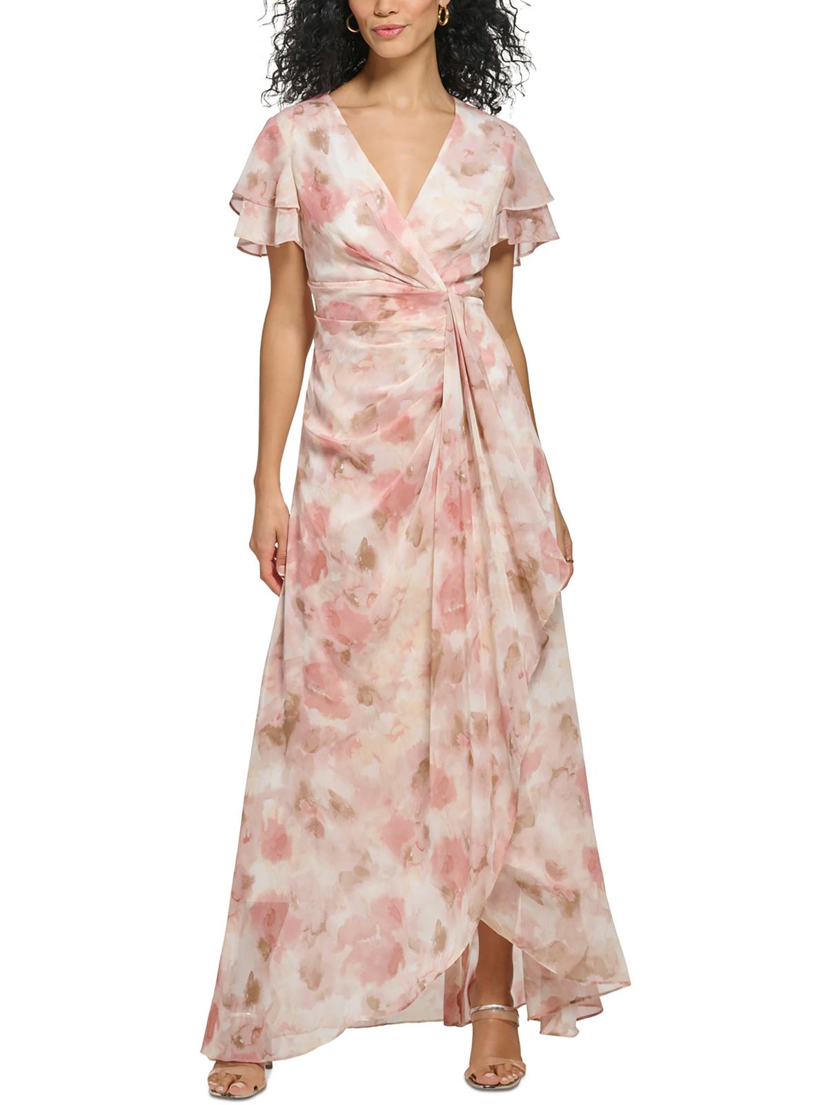 Shop Dkny Womens Chiffon Floral Evening Dress In Pink