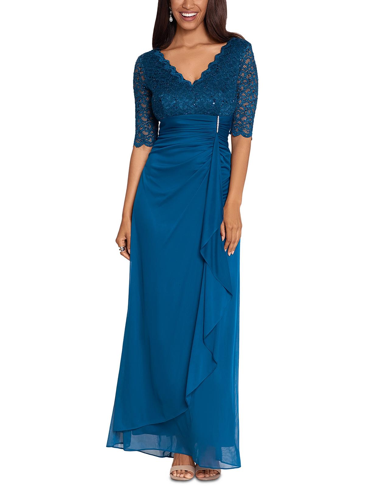 B & A By Betsy And Adam Petites Womens Lace Overlay Embellished Evening Dress In Blue