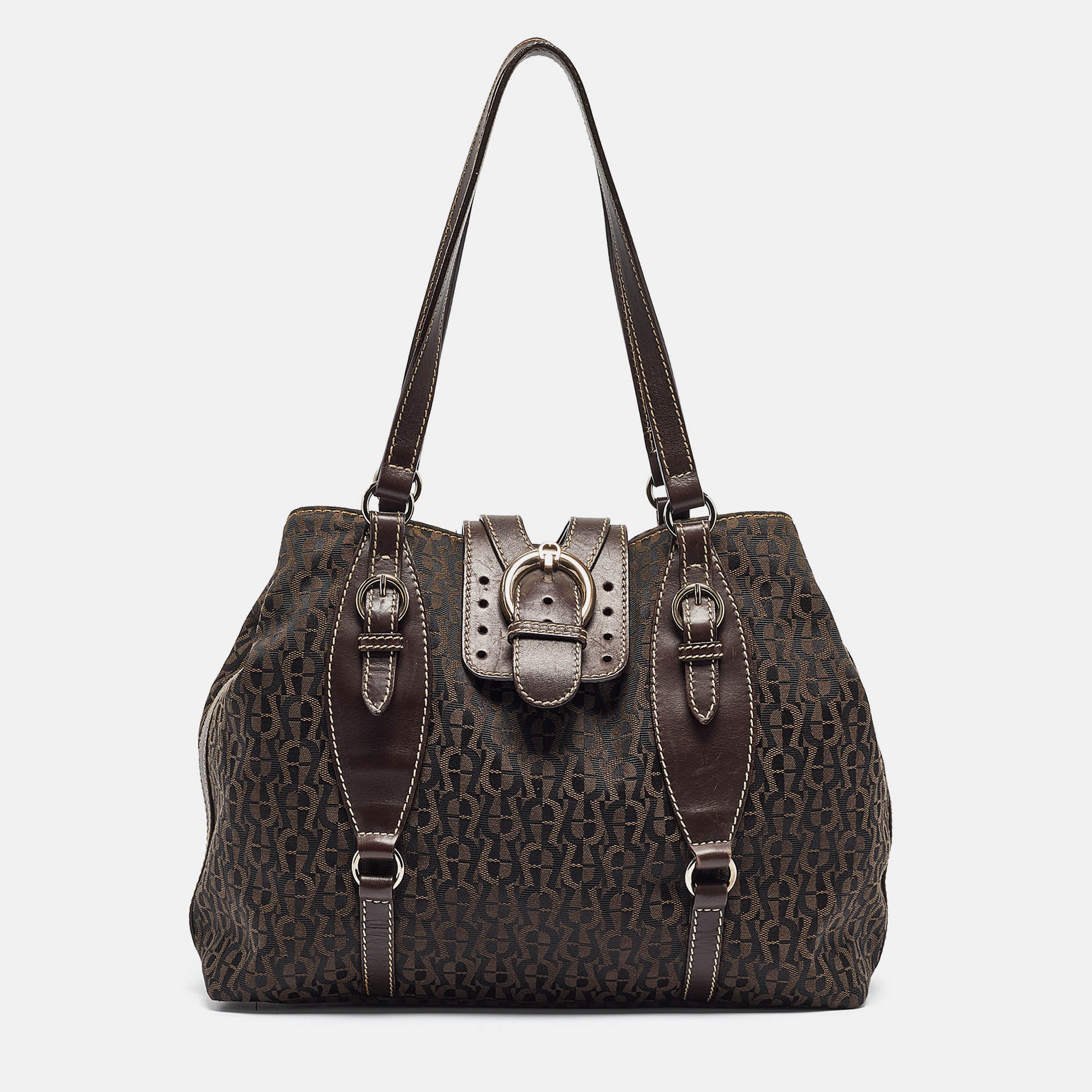 Aigner Dark Monogram Canvas And Leather Buckle Flap Tote In Brown