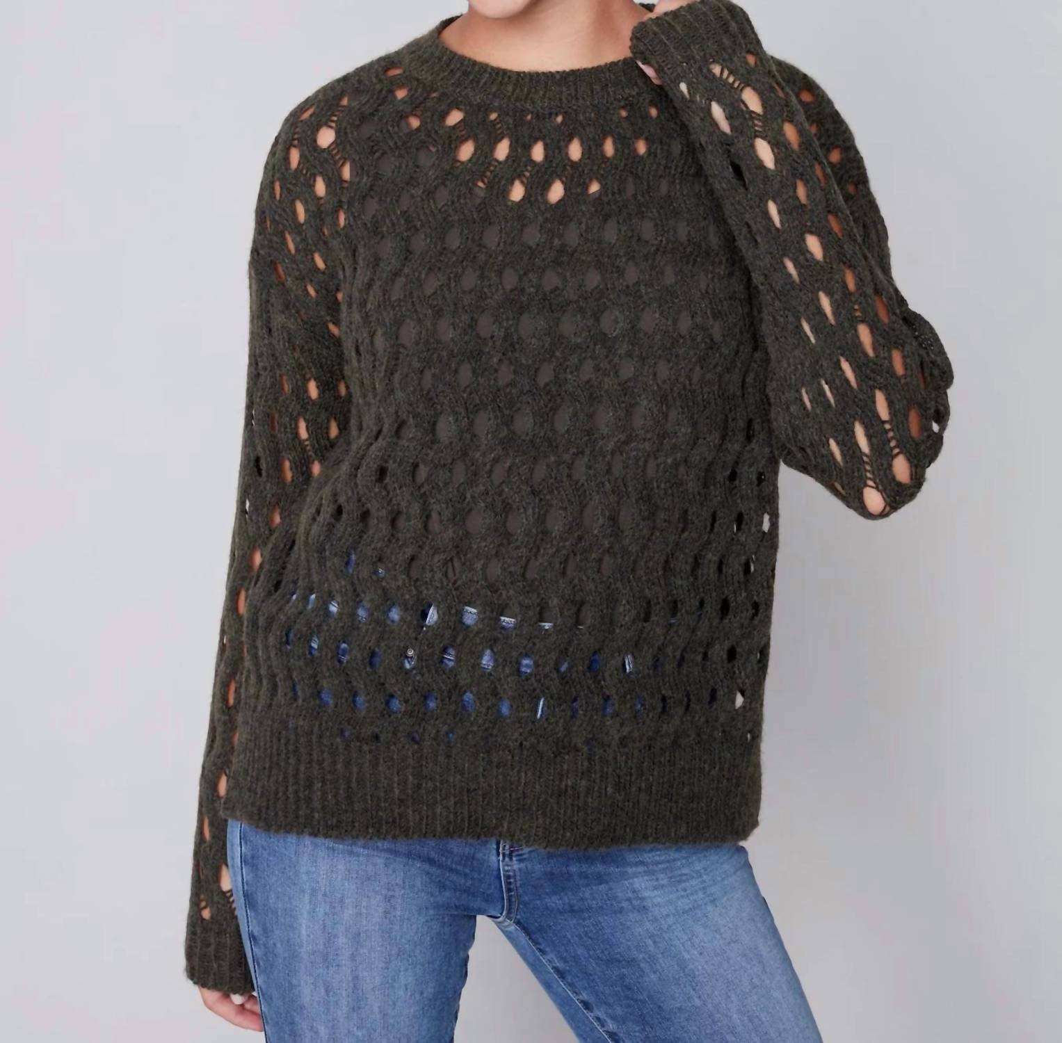 Shop Charlie B Plushy Wavy Net Stitch Sweater In Spruce In Black