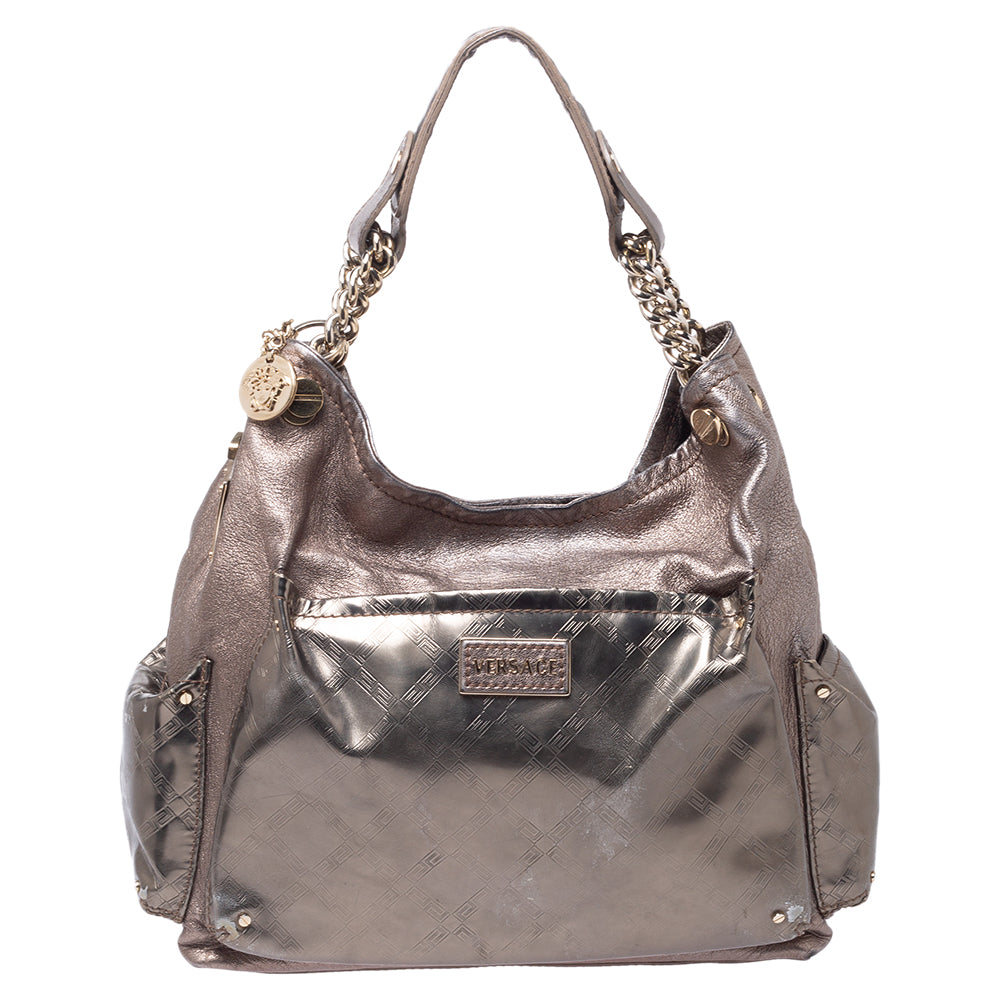 Image of Versace Metallic Leather Pocket Shoulder Bag