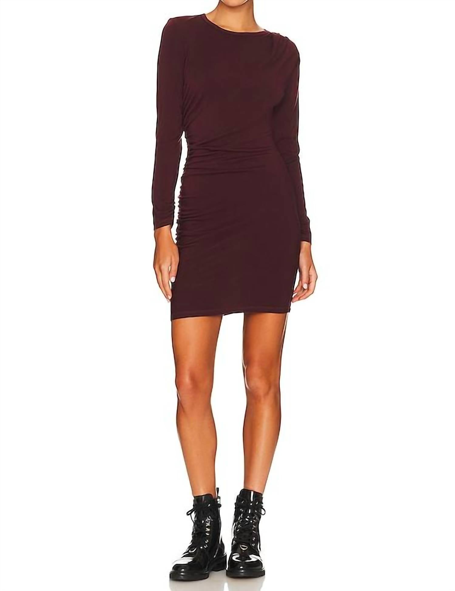 Shop Sundry Ruched Long Sleeve Mini Dress In Mahogany In Red