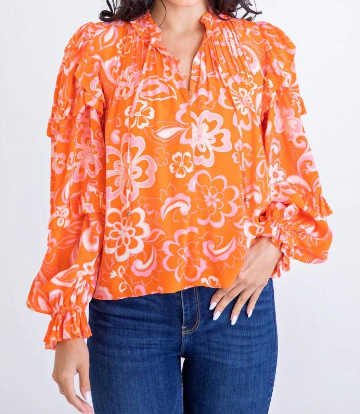 Karlie Adley Ruffle Top In Floral In Orange