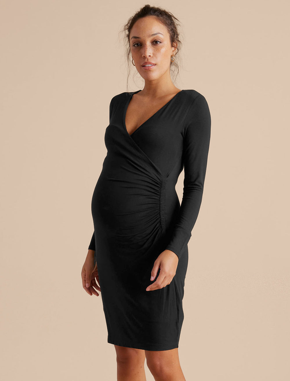 A Pea In The Pod Long Sleeve Side Ruched Wrap Maternity Dress In Black