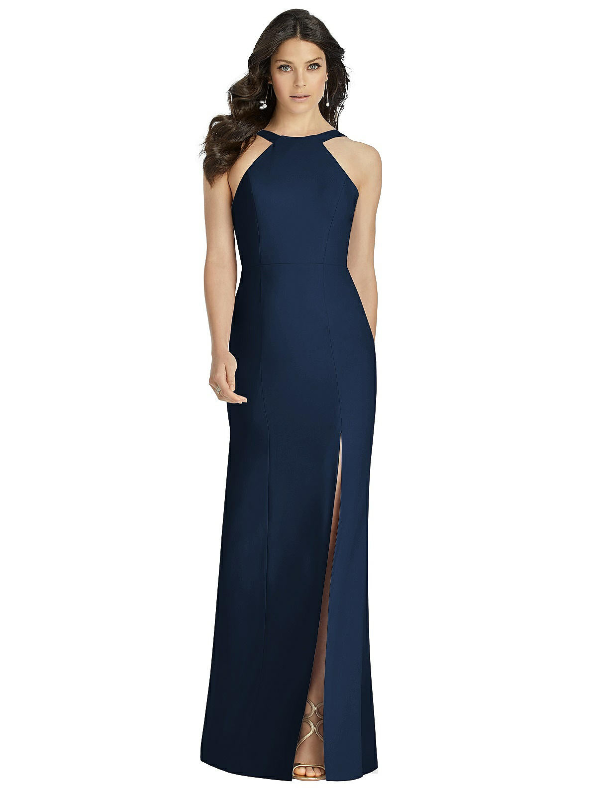 Shop Dessy Collection High-neck Backless Crepe Trumpet Gown In Blue