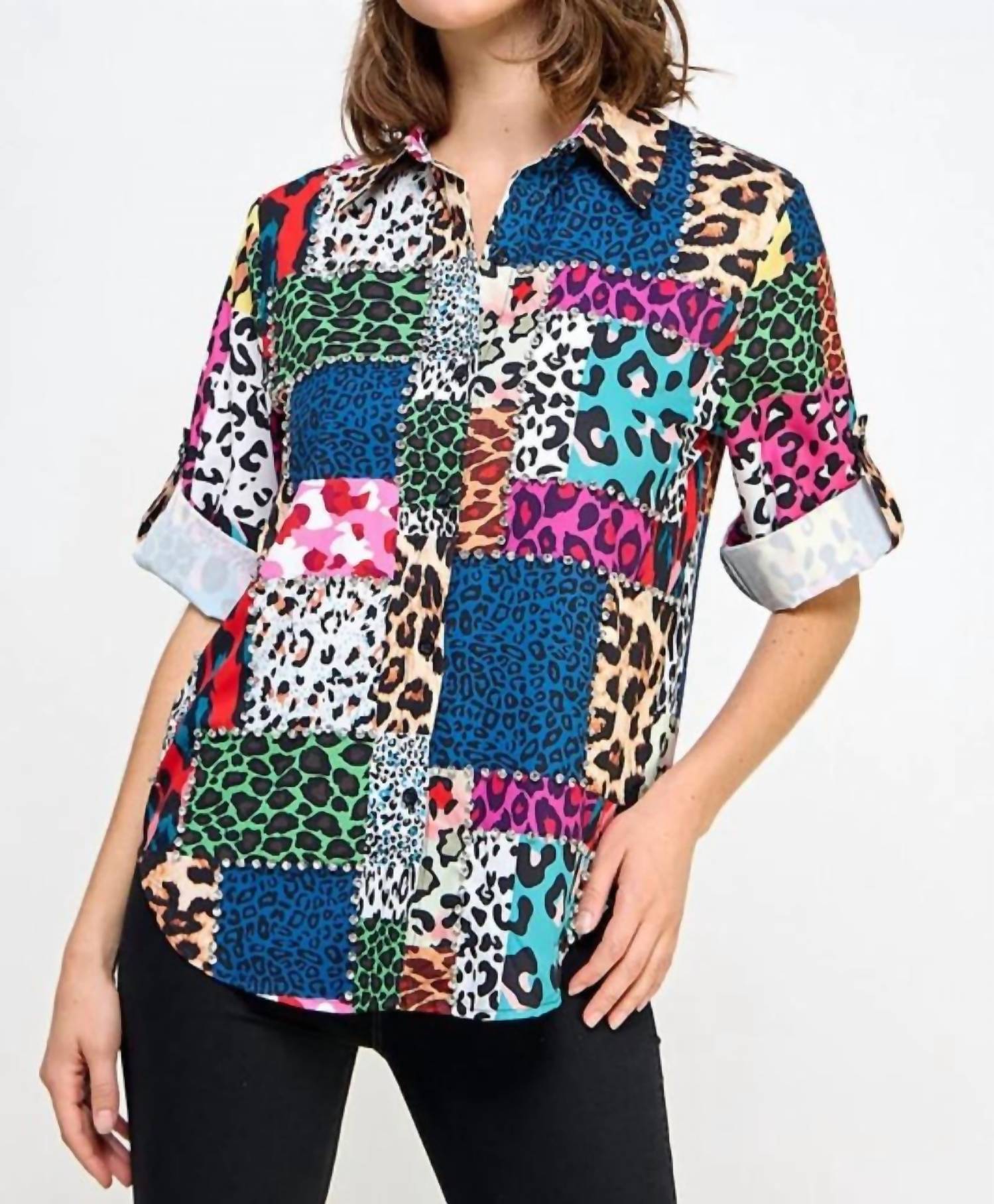 Pastel Design Norma Animal Print Block Embellished Shirt In Black Multi In Multi