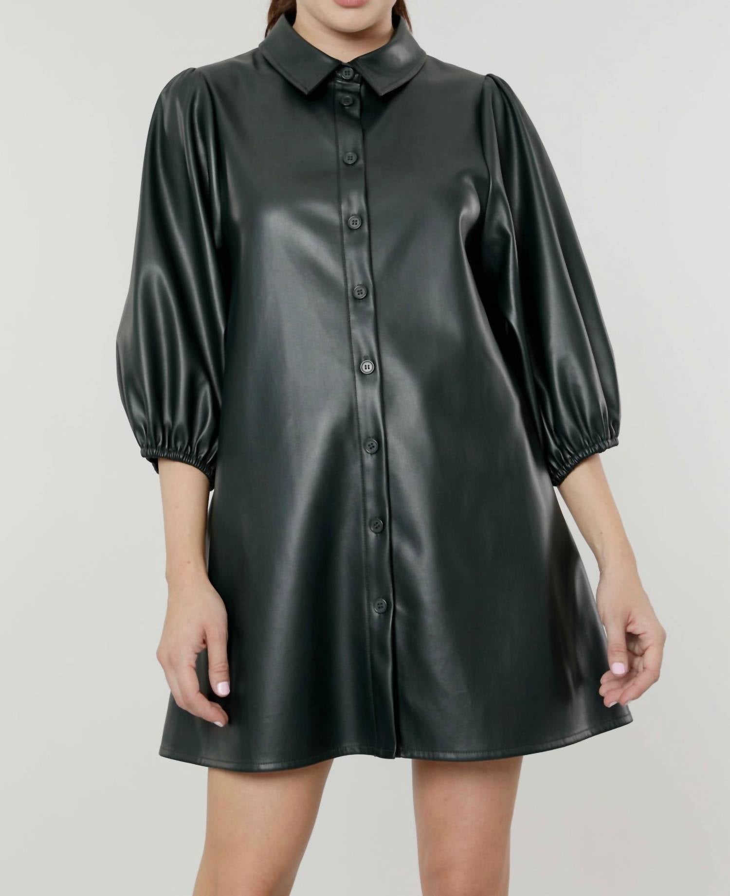 Dolce Cabo Everywhere Leather Dress With Puff Sleeves In Green In Green