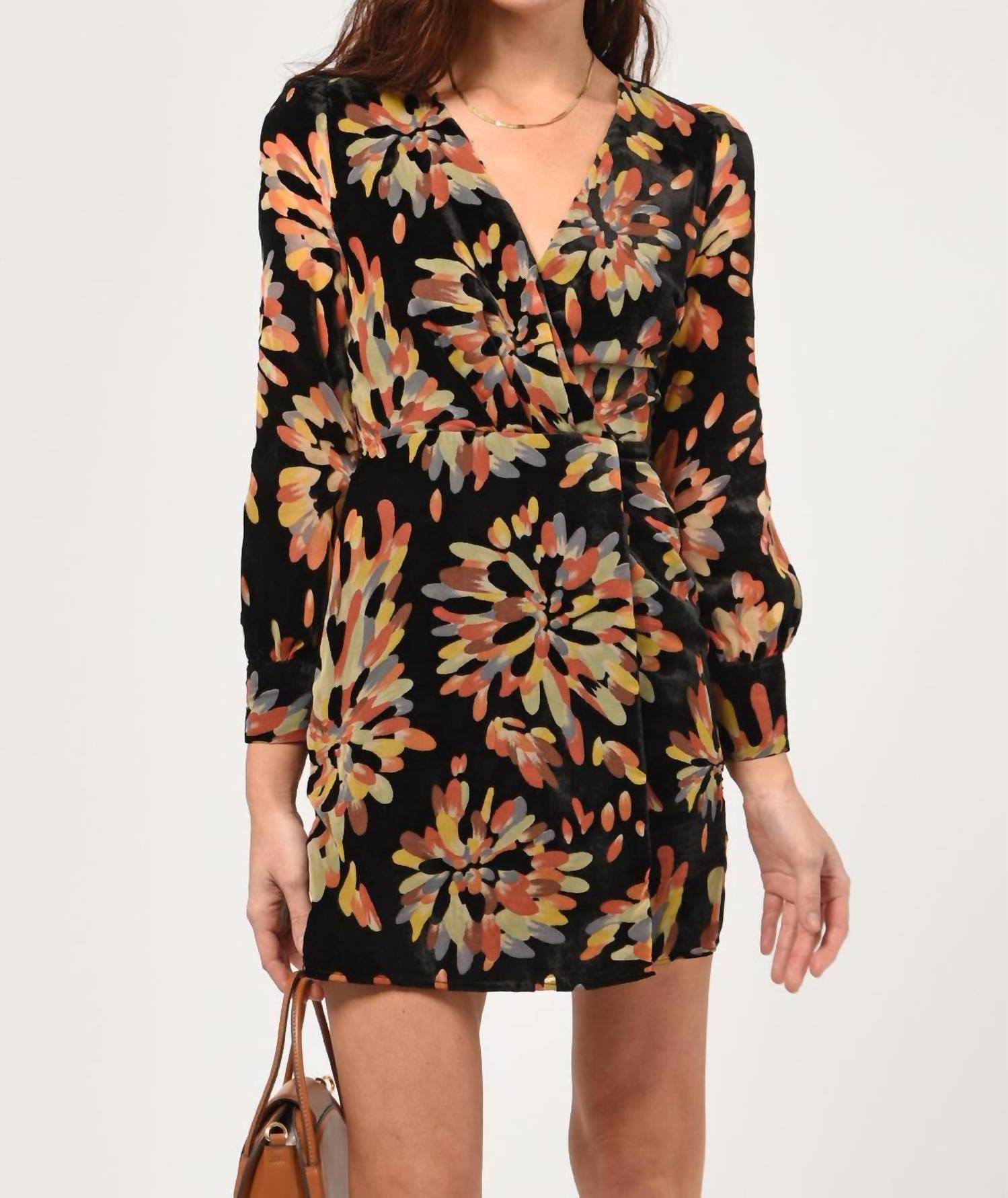 Adelyn Rae Abby Velvet Burnout Wrap Mini Dress In Black Multi