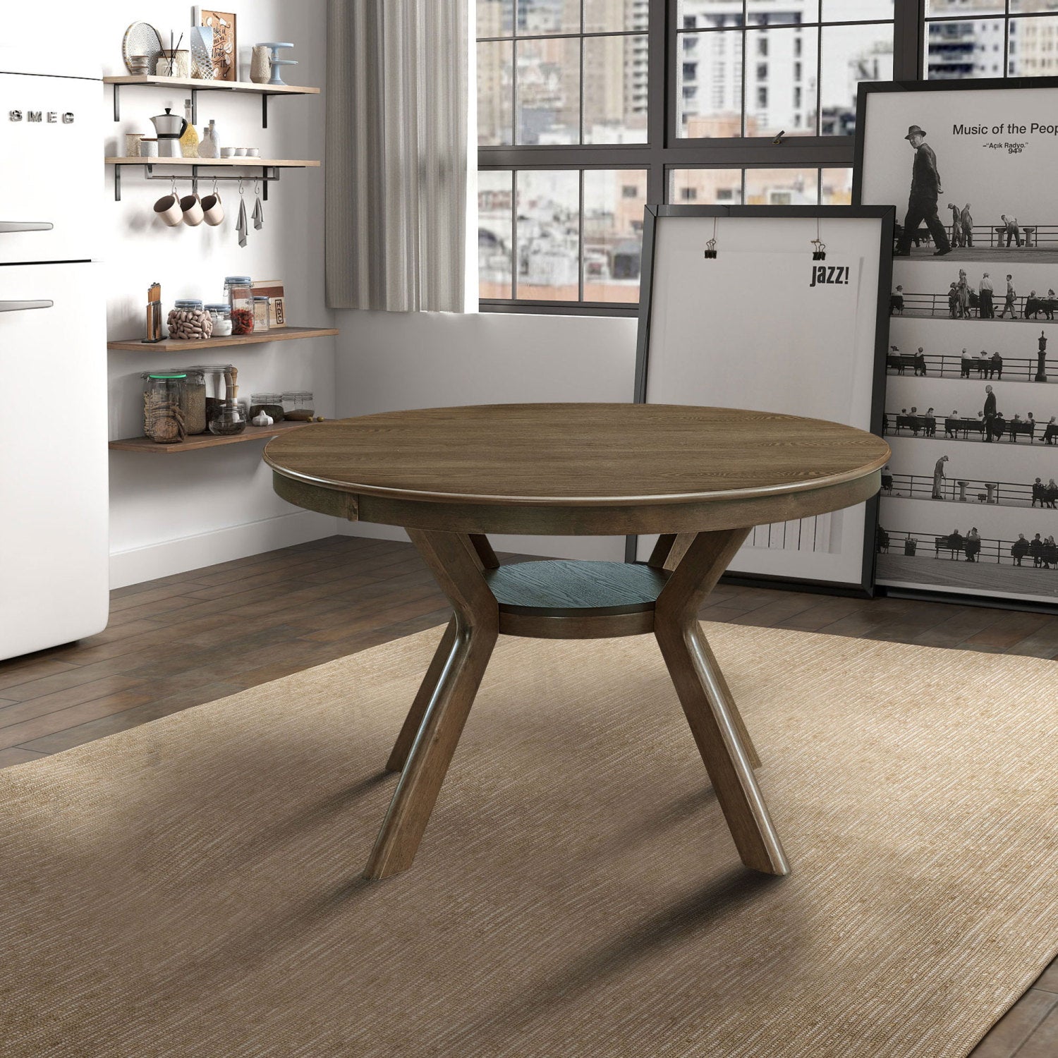 Streamdale Round Rubber Wood Dining Table, Trestle Base, Modern