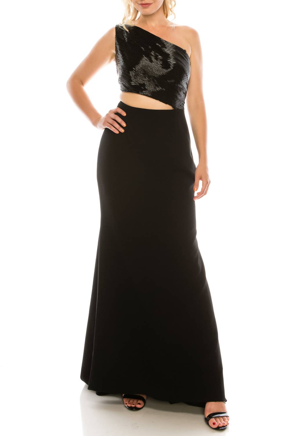 Carmen Marc Valvo Beaded One Shoulder Evening Gown In Black