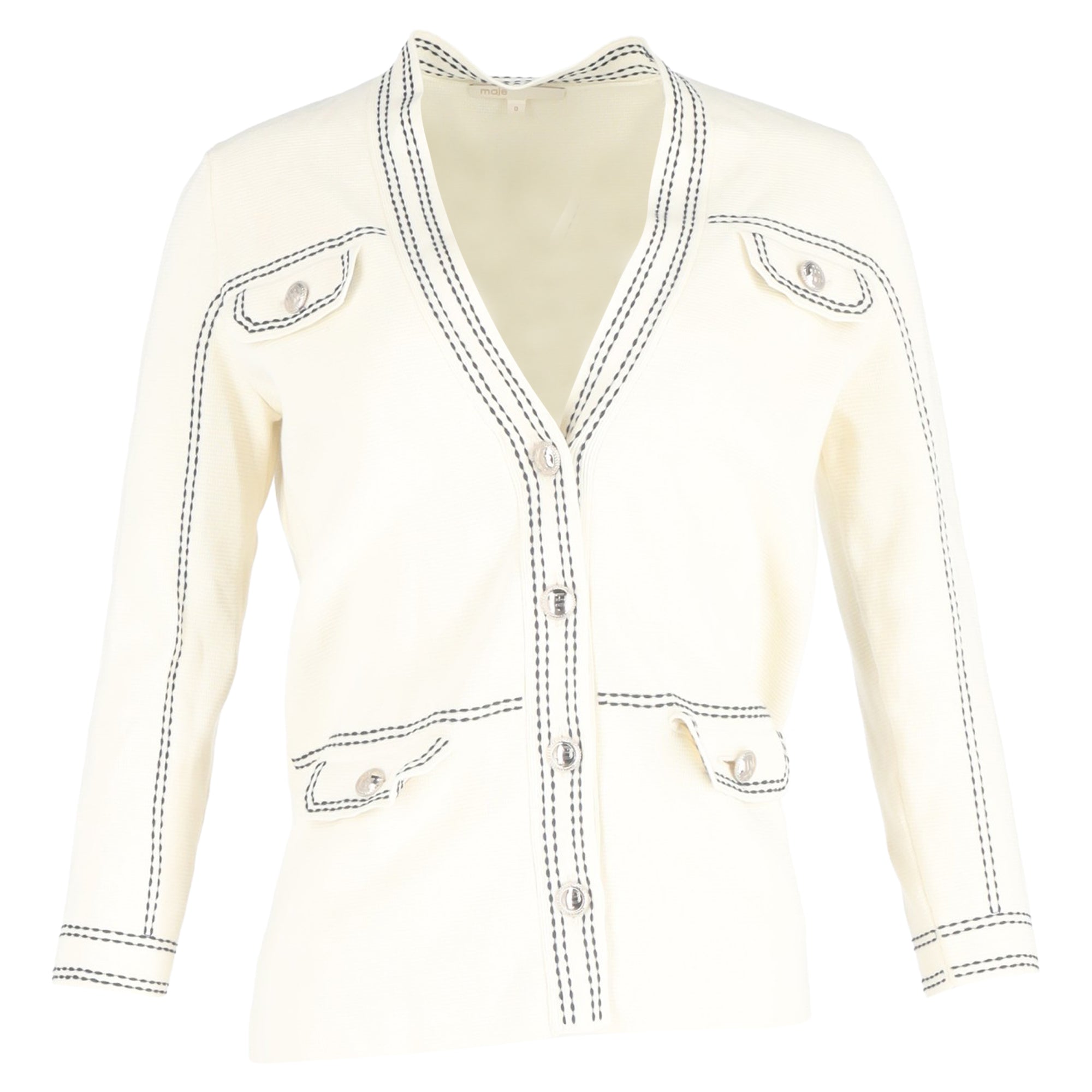 image of Maje Contrast-Stitching Buttoned Cardigan in Cream Cotton