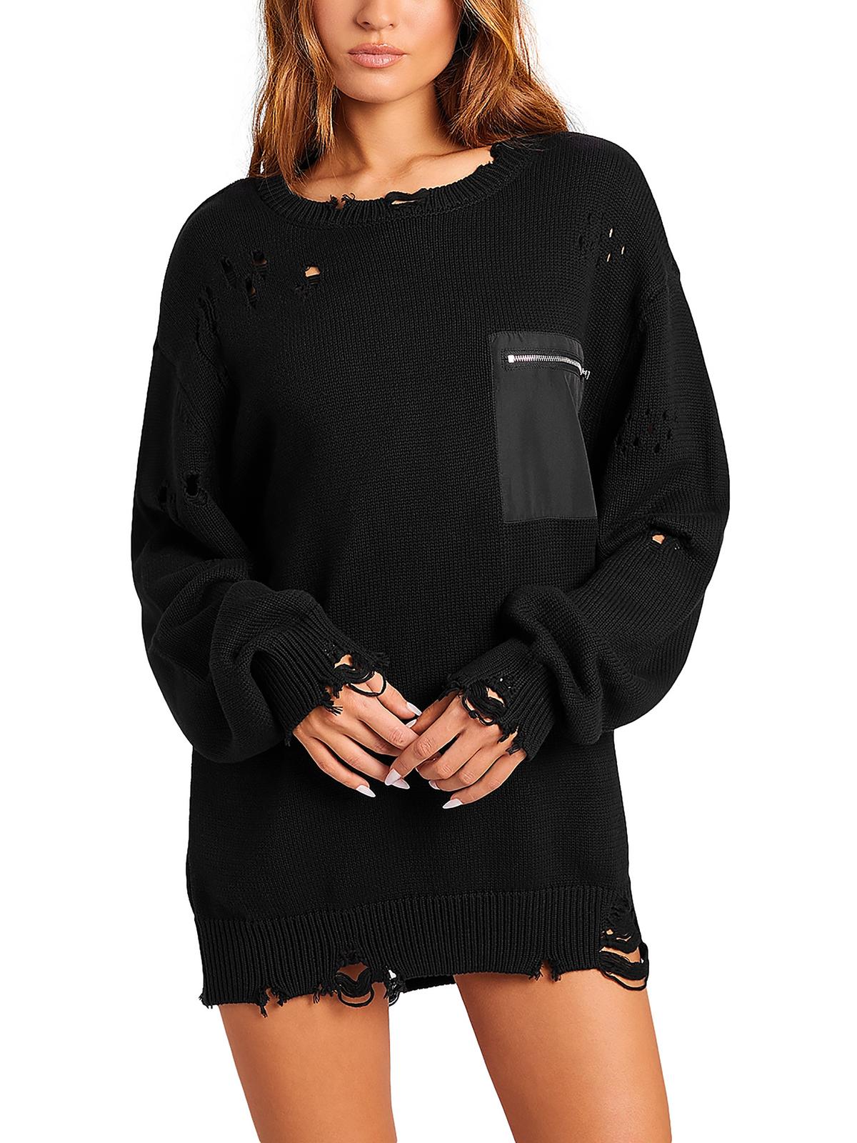 Ser.o.ya Womens Knit Distressed Pullover Sweater In Black