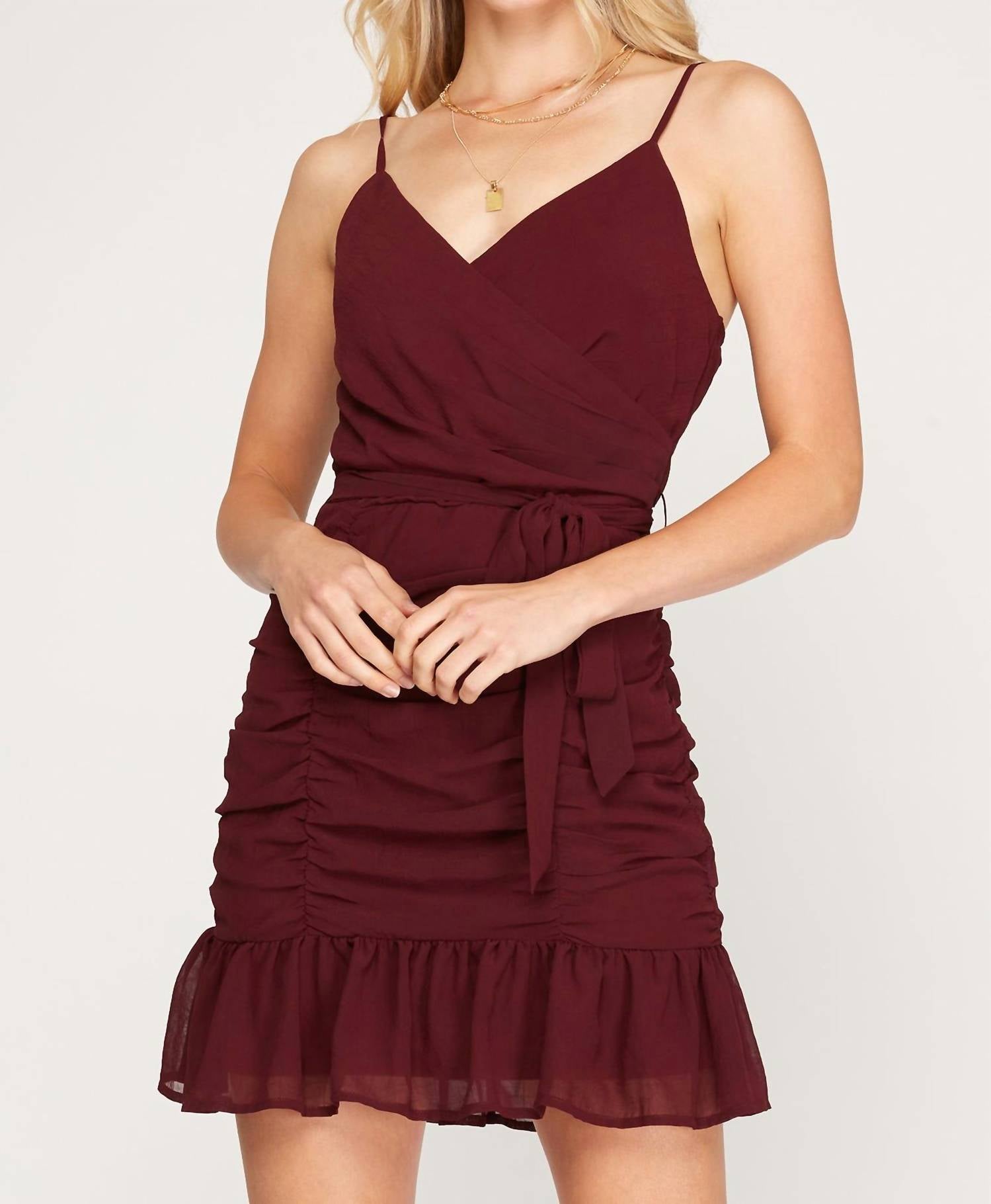 She + Sky Rose Sleeveless Rouched Dress In Burgundy