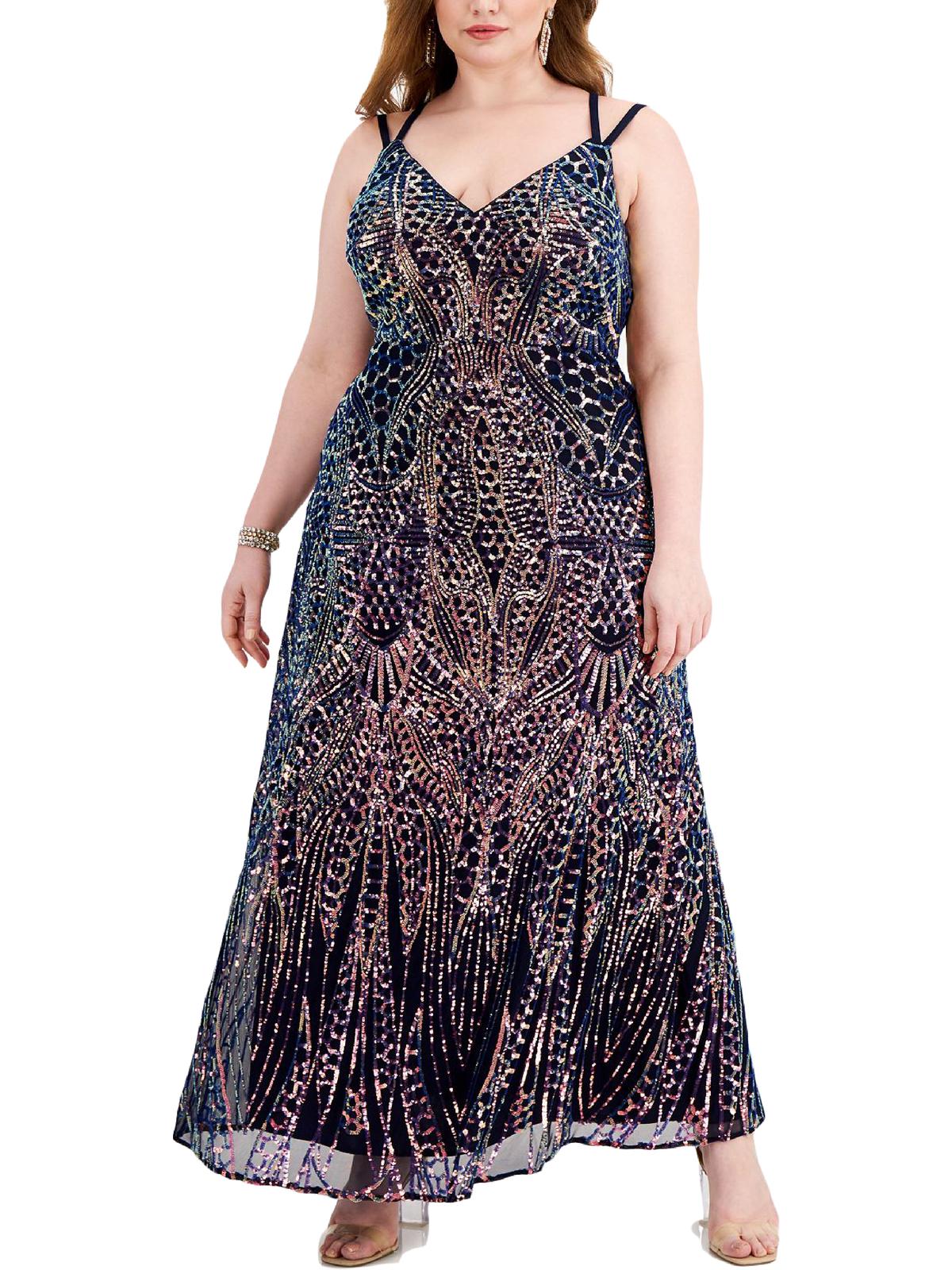 Shop Morgan & Co. Plus Womens Sequined Long Evening Dress In Grey