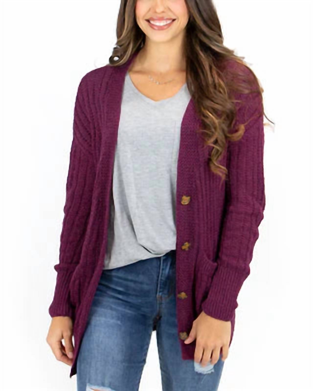 Shop Grace & Lace Slouchy Knit Button Cardigan In Winterberry In Purple