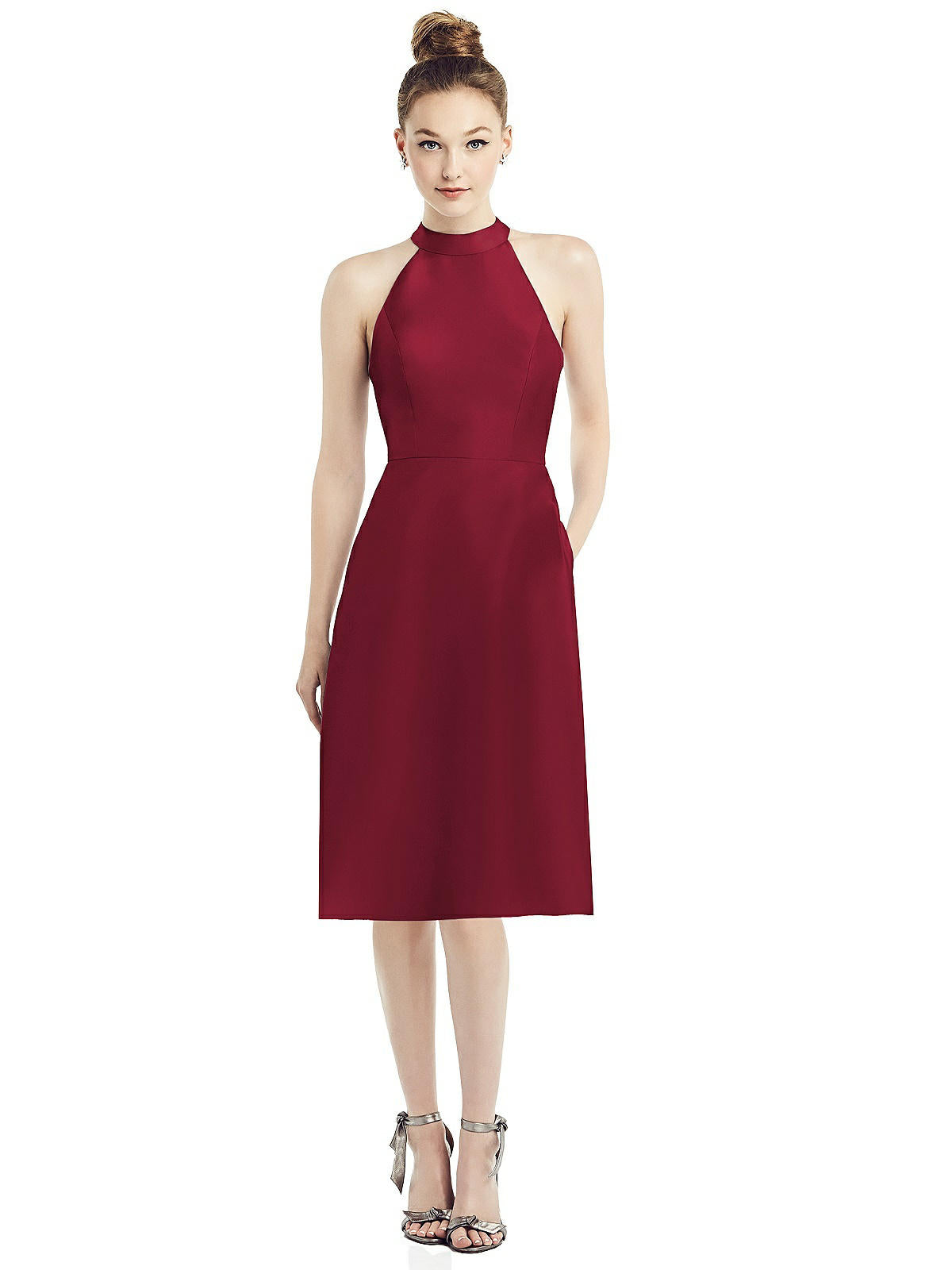 Alfred Sung High-neck Open-back Satin Cocktail Dress In Red